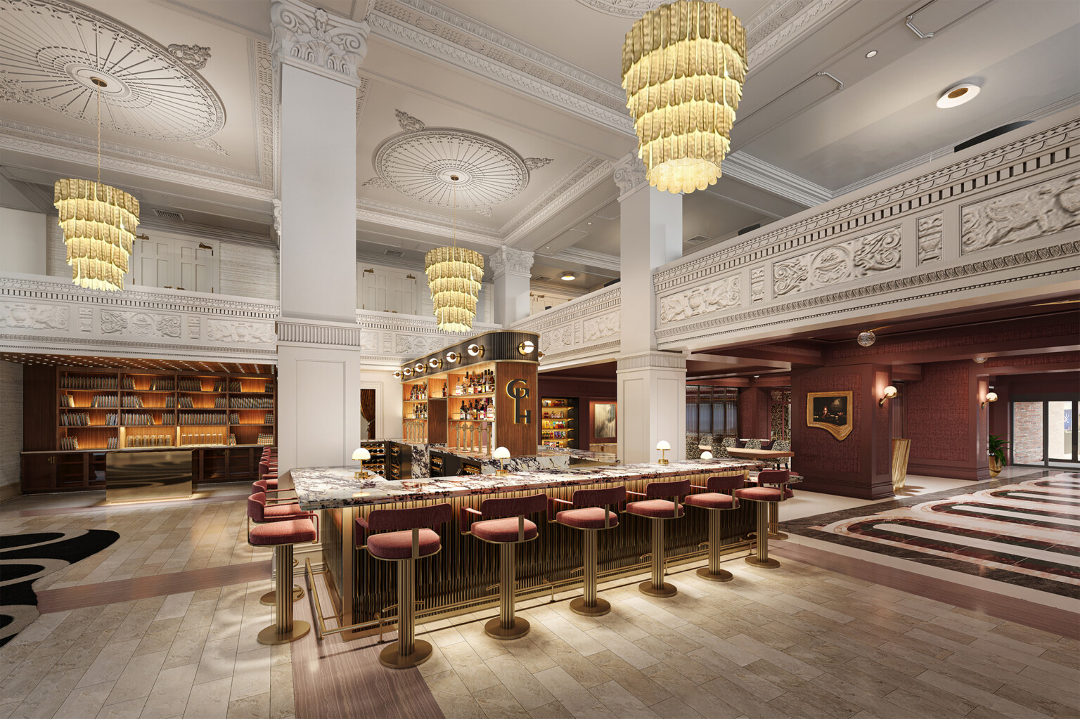 architectural rendering of the Gunter Hotel in San Antonio; Front area with large ornate and art deco style bar; large chandeliers and historical crown molding on the double height balcony and ceiling