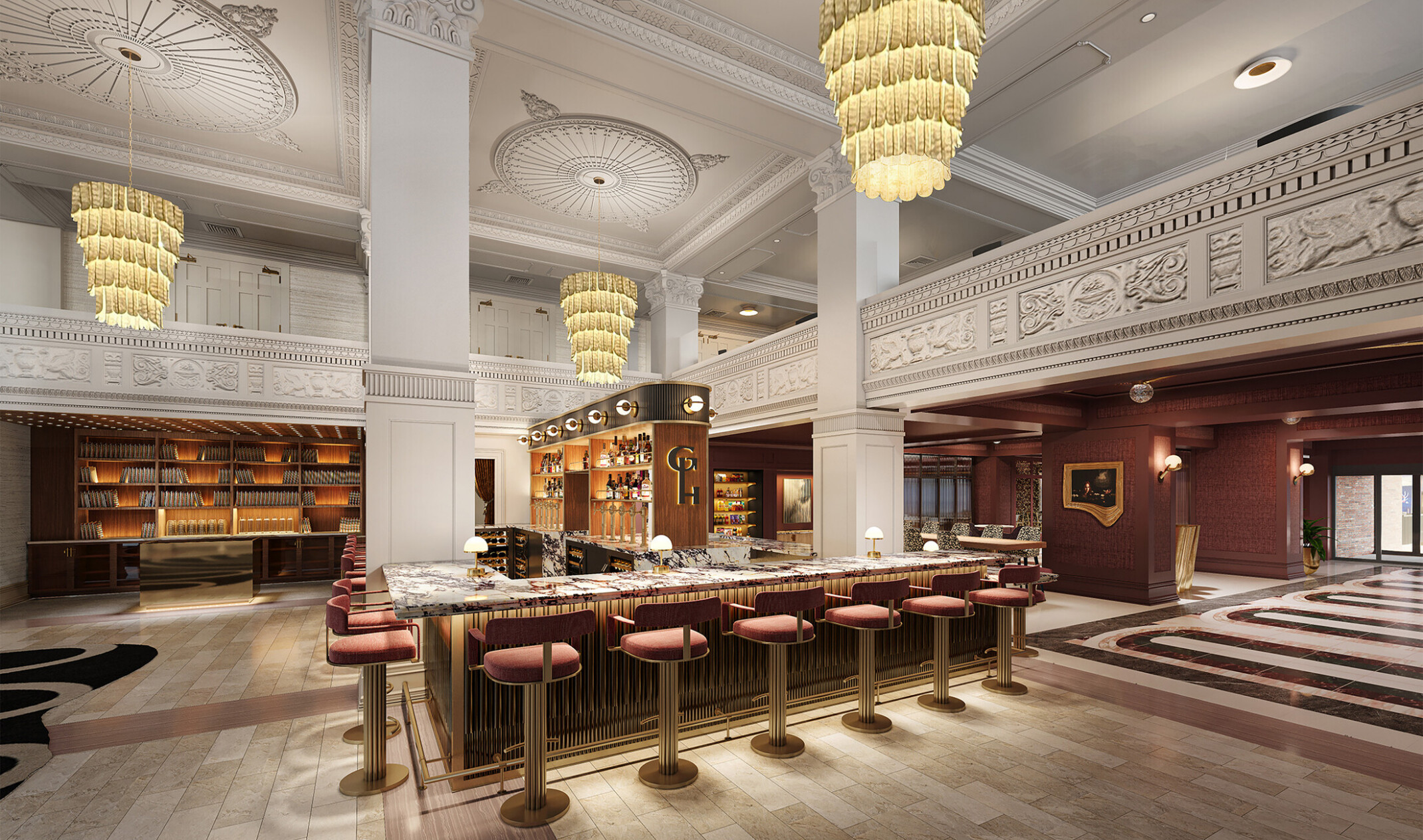 architectural rendering of the Gunter Hotel in San Antonio; Front area with large ornate and art deco style bar; large chandeliers and historical crown molding on the double height balcony and ceiling