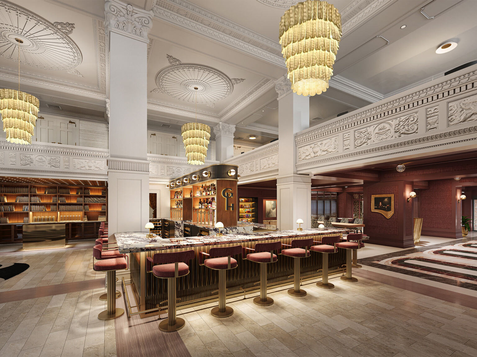 architectural rendering of the Gunter Hotel in San Antonio; Front area with large ornate and art deco style bar; large chandeliers and historical crown molding on the double height balcony and ceiling architectural rendering of the Gunter Hotel in San Antonio; Front area with large ornate and art deco style bar; large chandeliers and historical crown molding on the double height balcony and ceiling