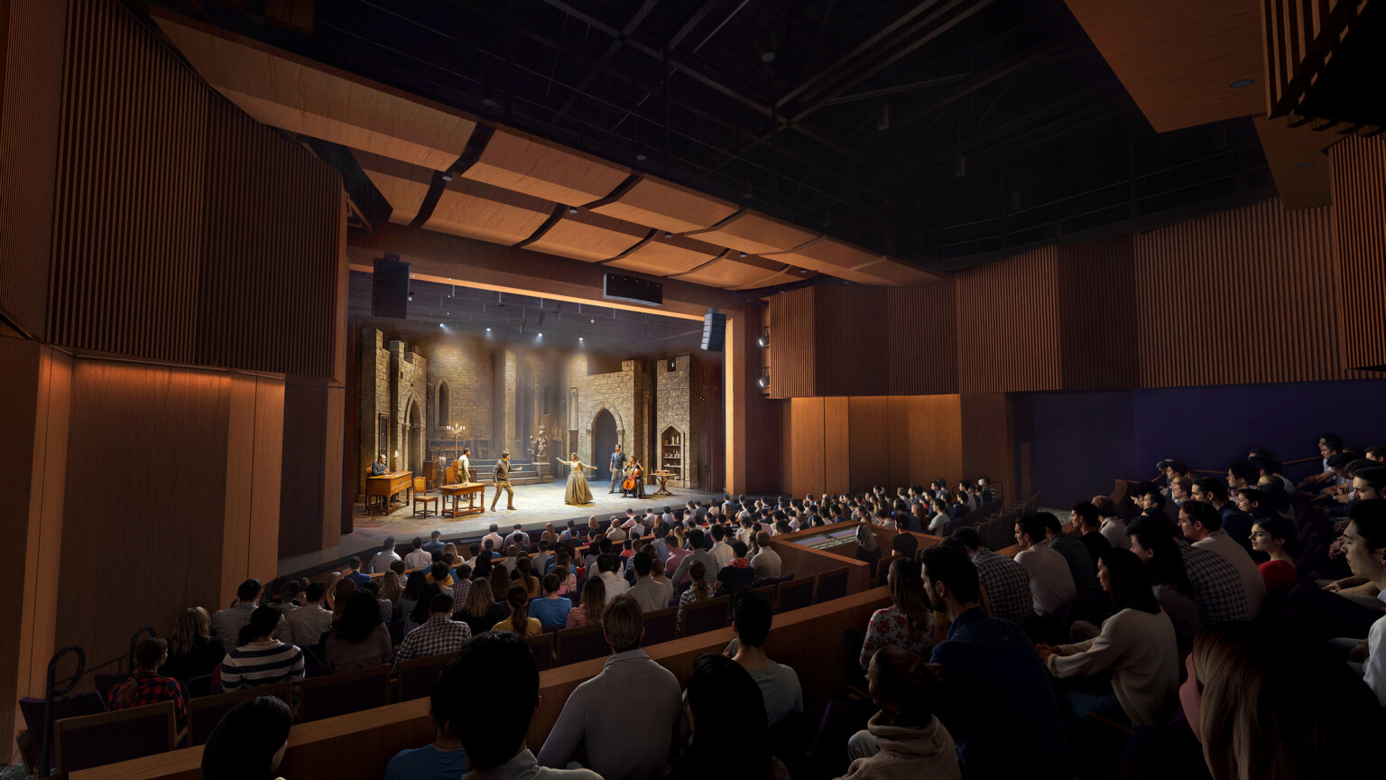 performance space facing the stage; darkly lit audience looking at a lit up stage with historical set and characters performing