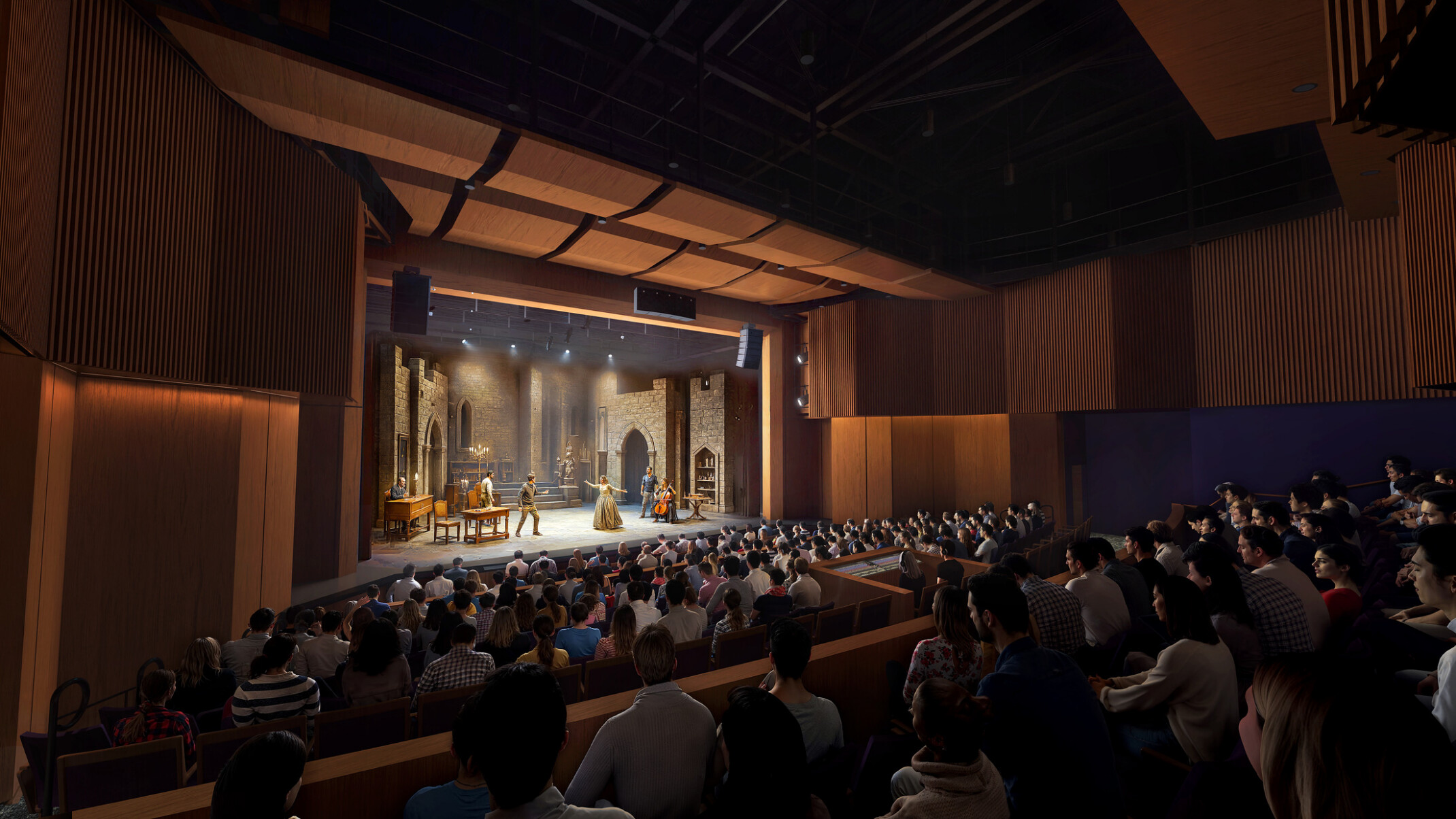 performance space facing the stage; darkly lit audience looking at a lit up stage with historical set and characters performing
