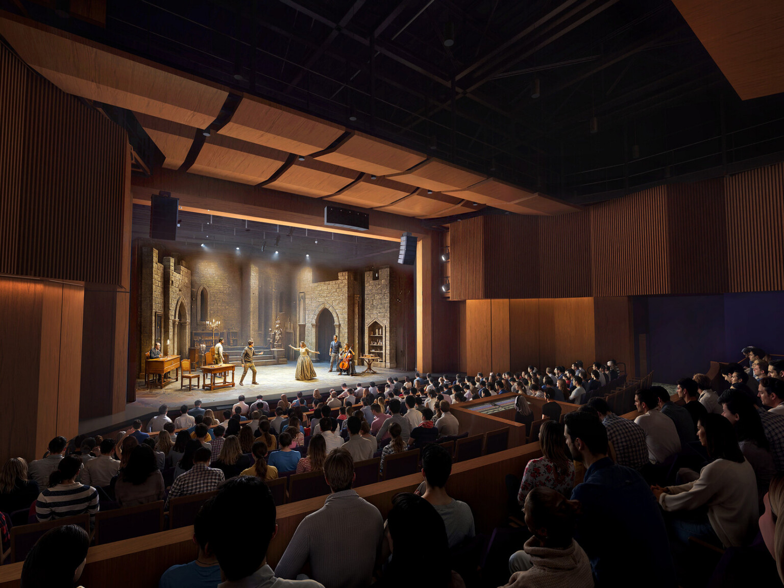 performance space facing the stage; darkly lit audience looking at a lit up stage with historical set and characters performing