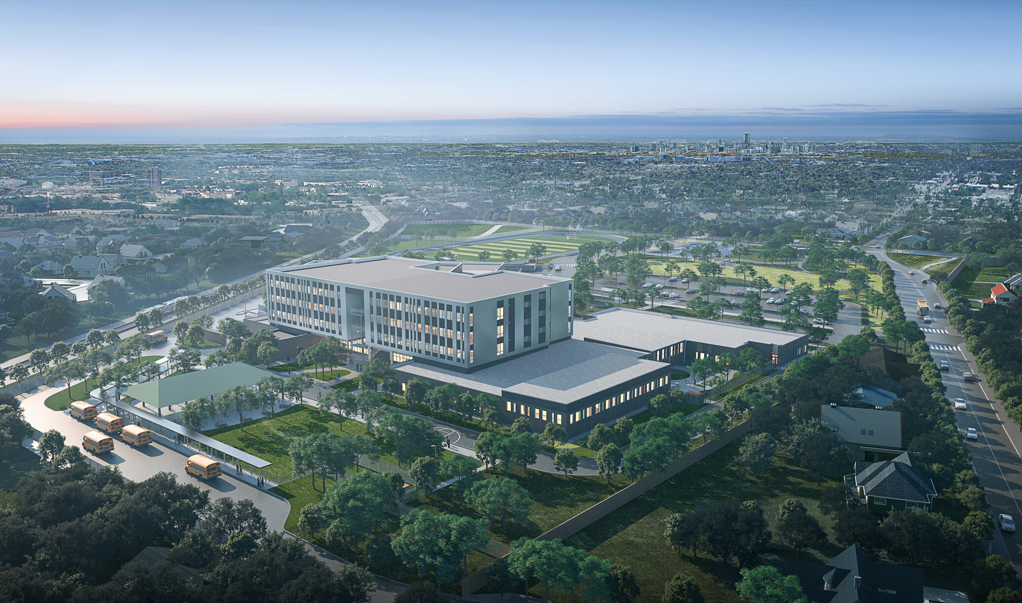 architectural rendering of a modern building with large first floor layout and additional built out floor structure above; surrounded by greenery