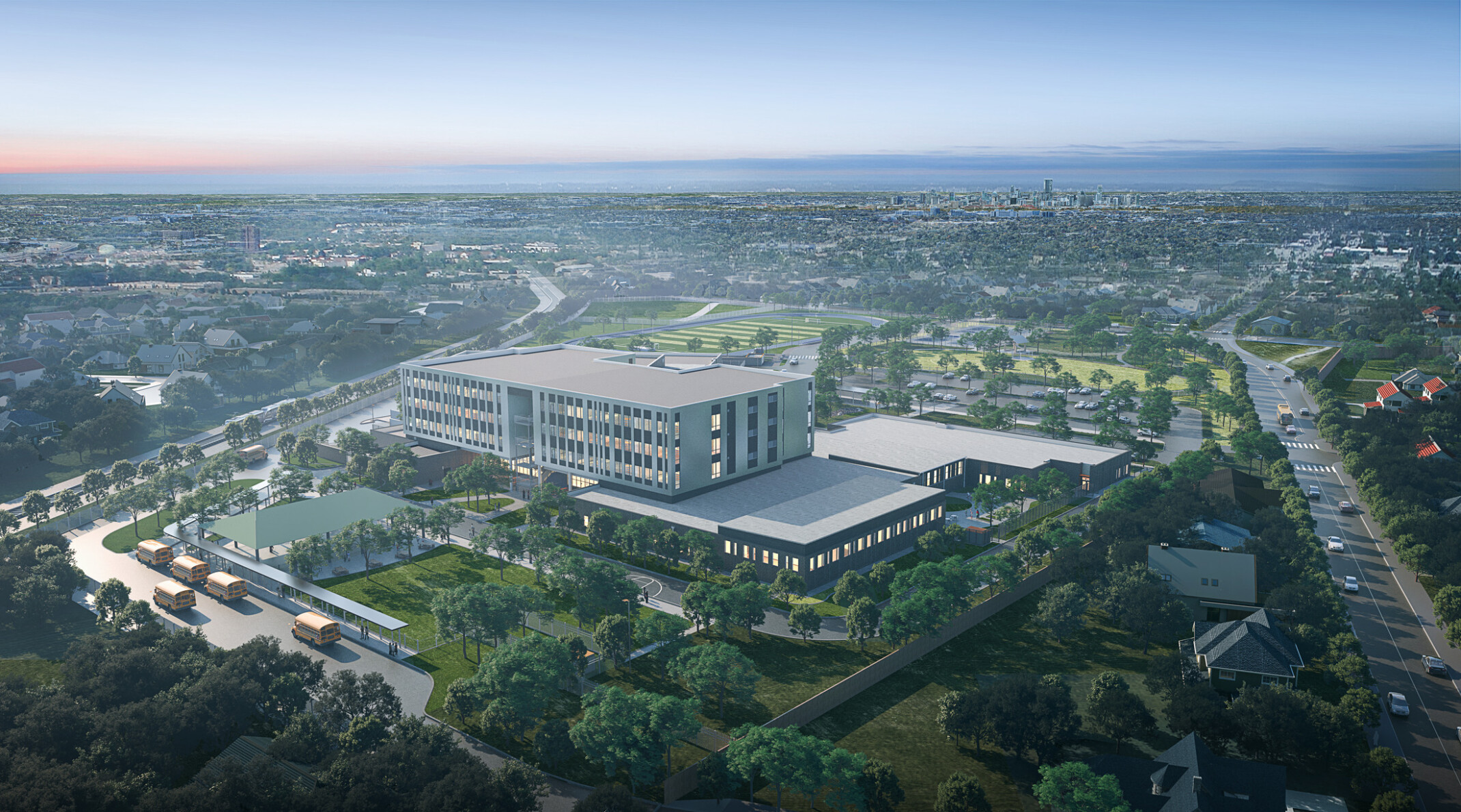 Burnet Middle School; aerial design rendering; modern multi-story building with surrounding forest