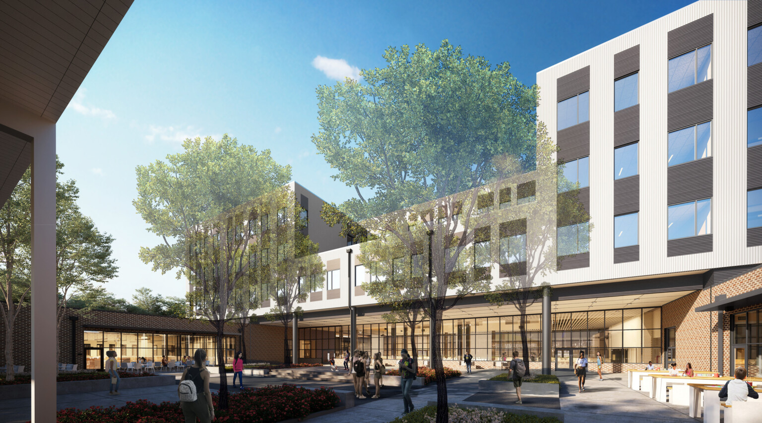Burnet Middle School; design rendering of a modern front entrance to a middle school; recessed floor to ceiling lobby windows under an awning