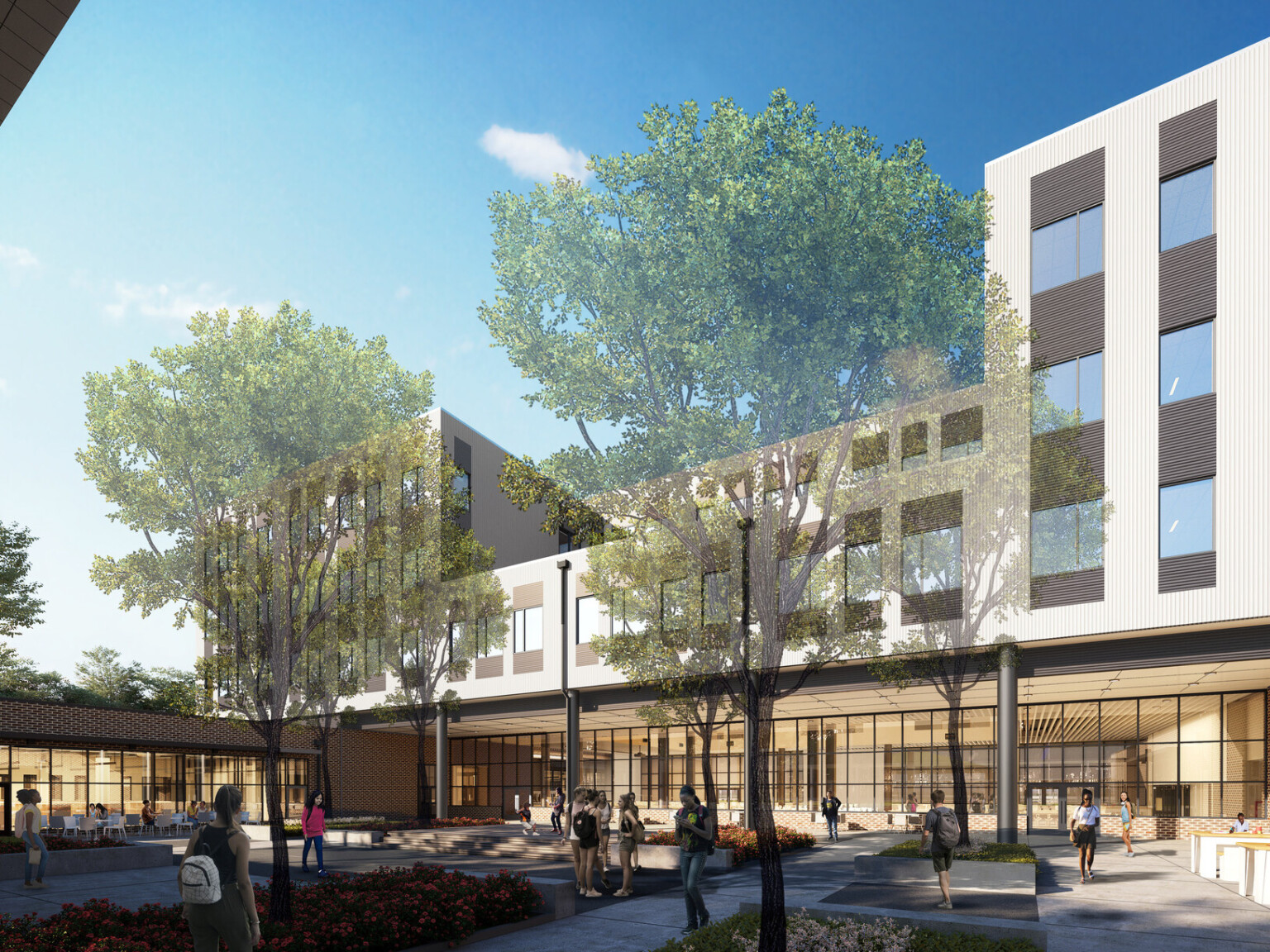 Burnet Middle School; design rendering of a modern front entrance to a middle school; recessed floor to ceiling lobby windows under an awning