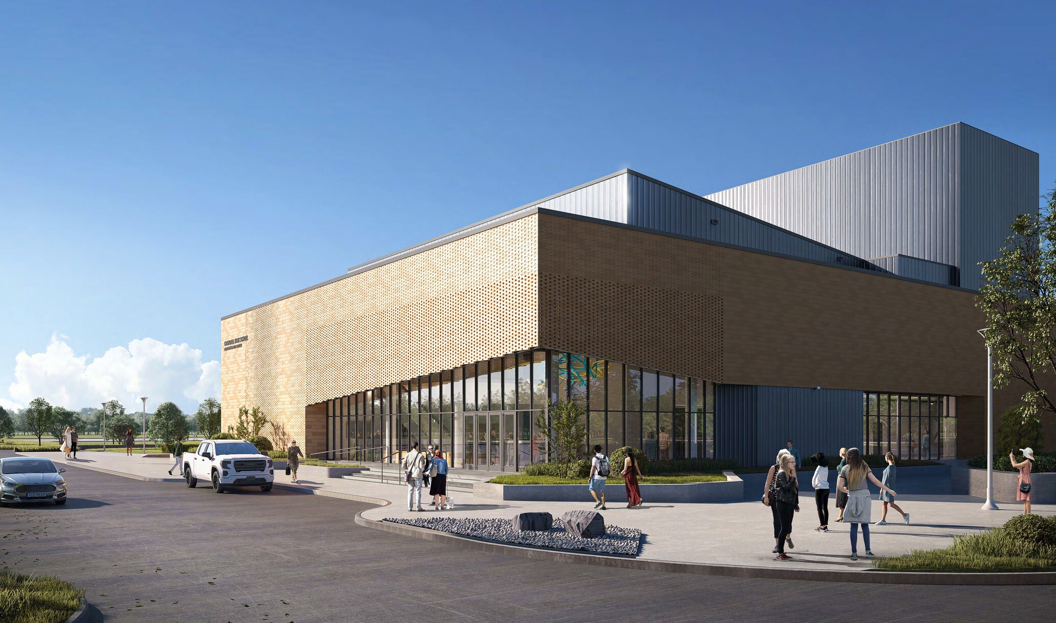 Architectural rendering of students steping through glass-front entrance, beginning another day at the heart of the high school campus; modern multi-facade building