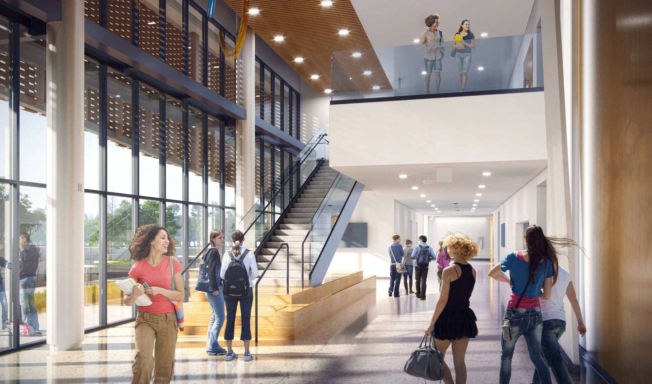 architectural rendering of students in a large hallway with floor to ceiling windows and a large staircase