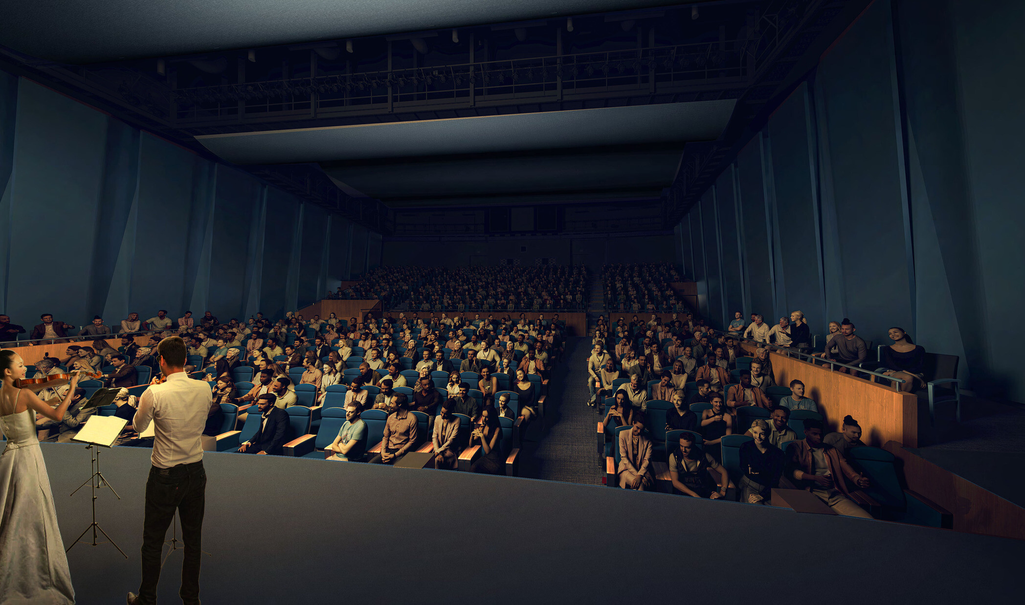 architectural rendering of students in a performance space; POV from stage right looking toward the audience