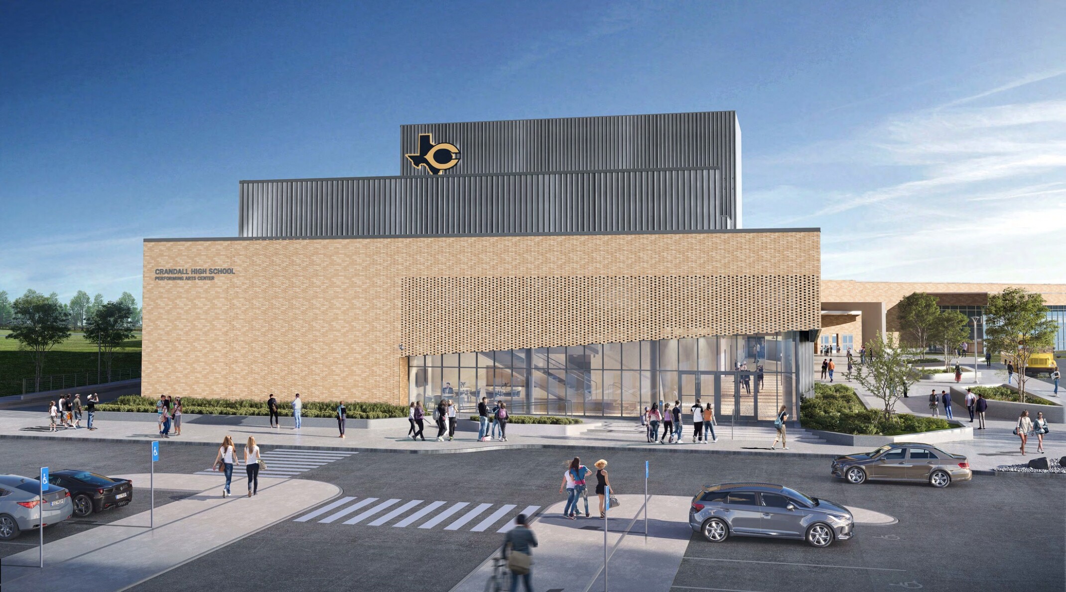 Architectural rendering of students steping through glass-front entrance, beginning another day at the heart of the high school campus; modern multi-facade building