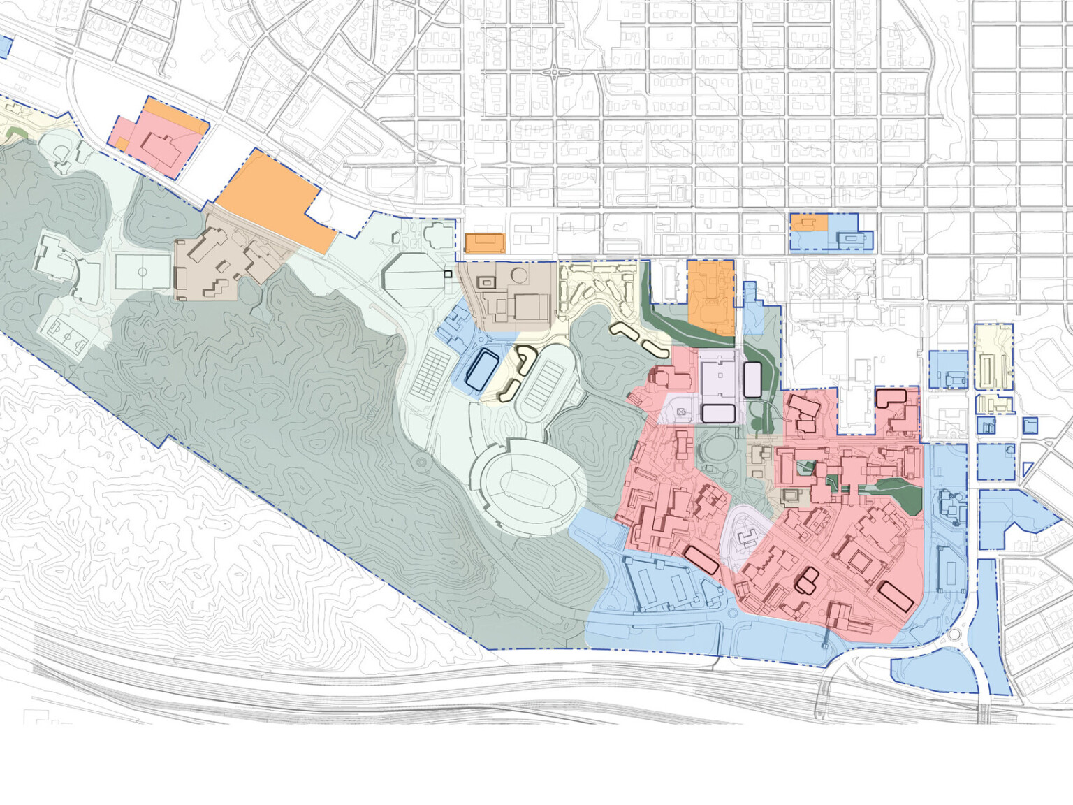 UTEP Campus Master Plan showing the campus map with sections highlighted in green, blue, and red