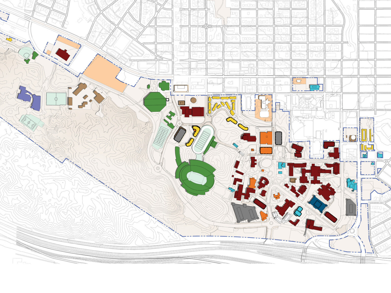 UTEP campus master plan map showing the campus layout with buildings colored in maroon, green, blue and orange