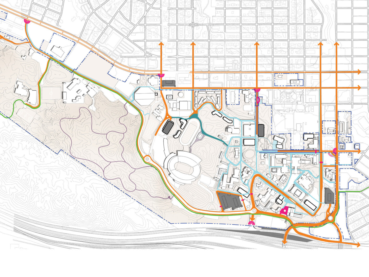 UTEP campus master plan with orange arrows drawn throughout