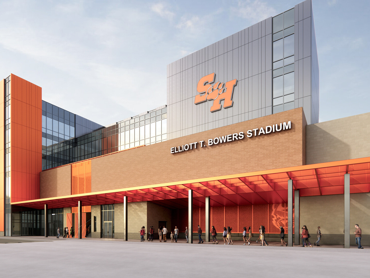 Sam Houston State University Bowers stadium redesign featuring a brick exterior with tall glass tower and orange accents throughout