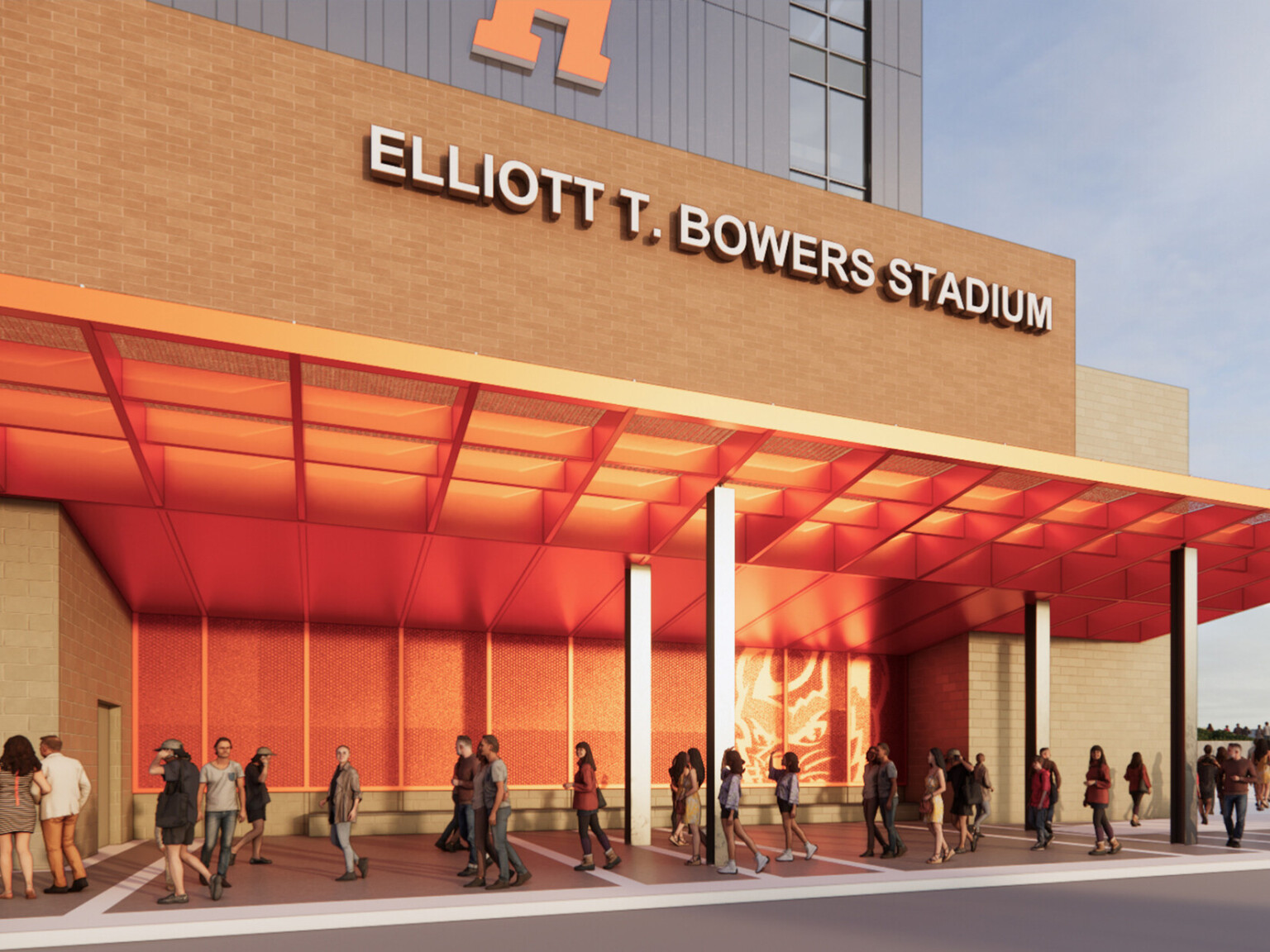 Entrance of Sam Houston State University Elliott T. Bowers stadium redesign featuring a brick exterior and orange accents throughout with Elliott T. Bowers in bold white letters