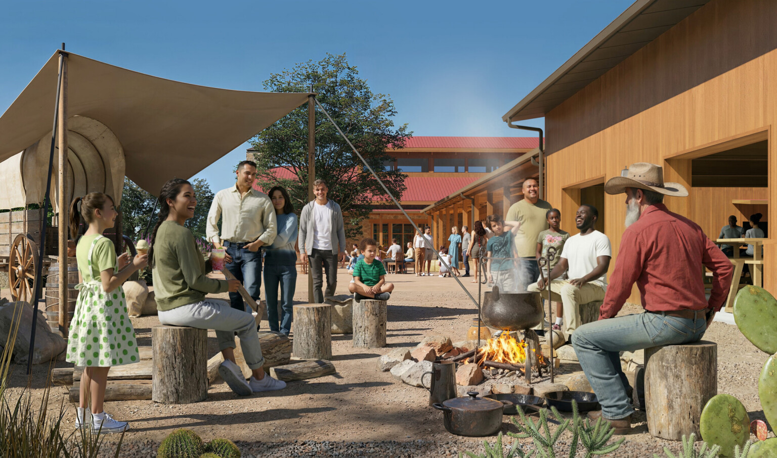 architectural rendering of a historical western environment; people around a campfire