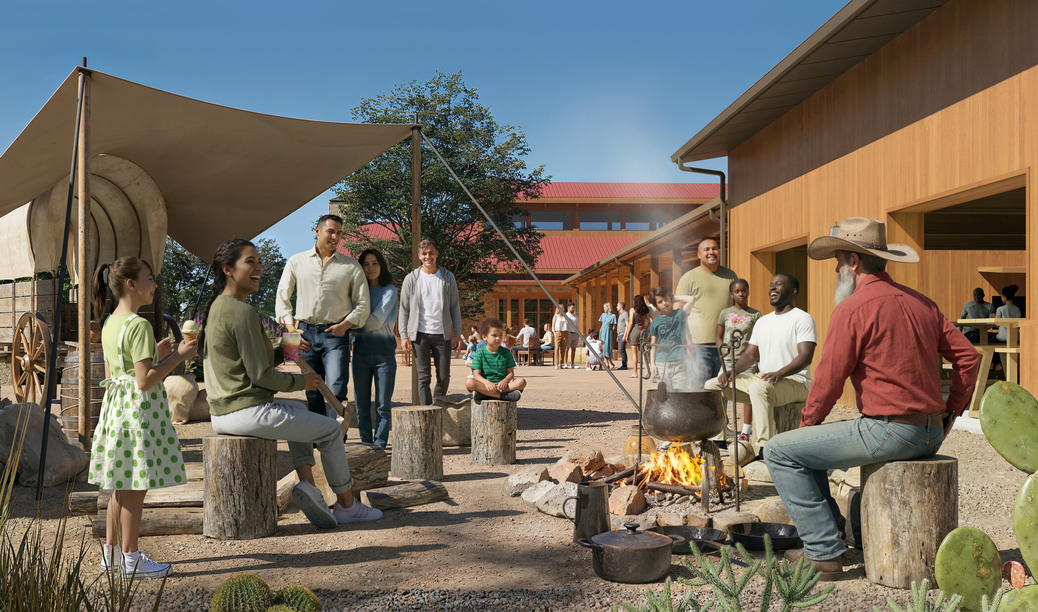 architectural rendering of a historical western environment; people around a campfire