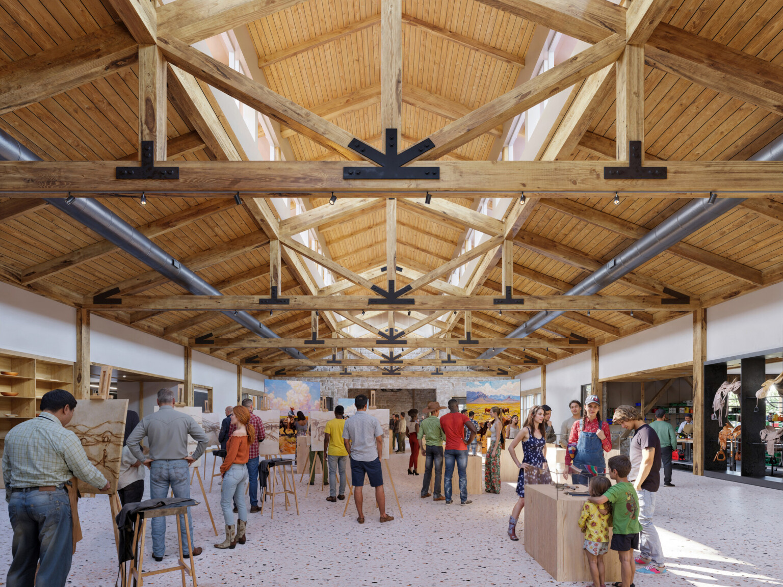 large hallway space with people working at painting stations and craft tables; mass timber roofing and beam elements