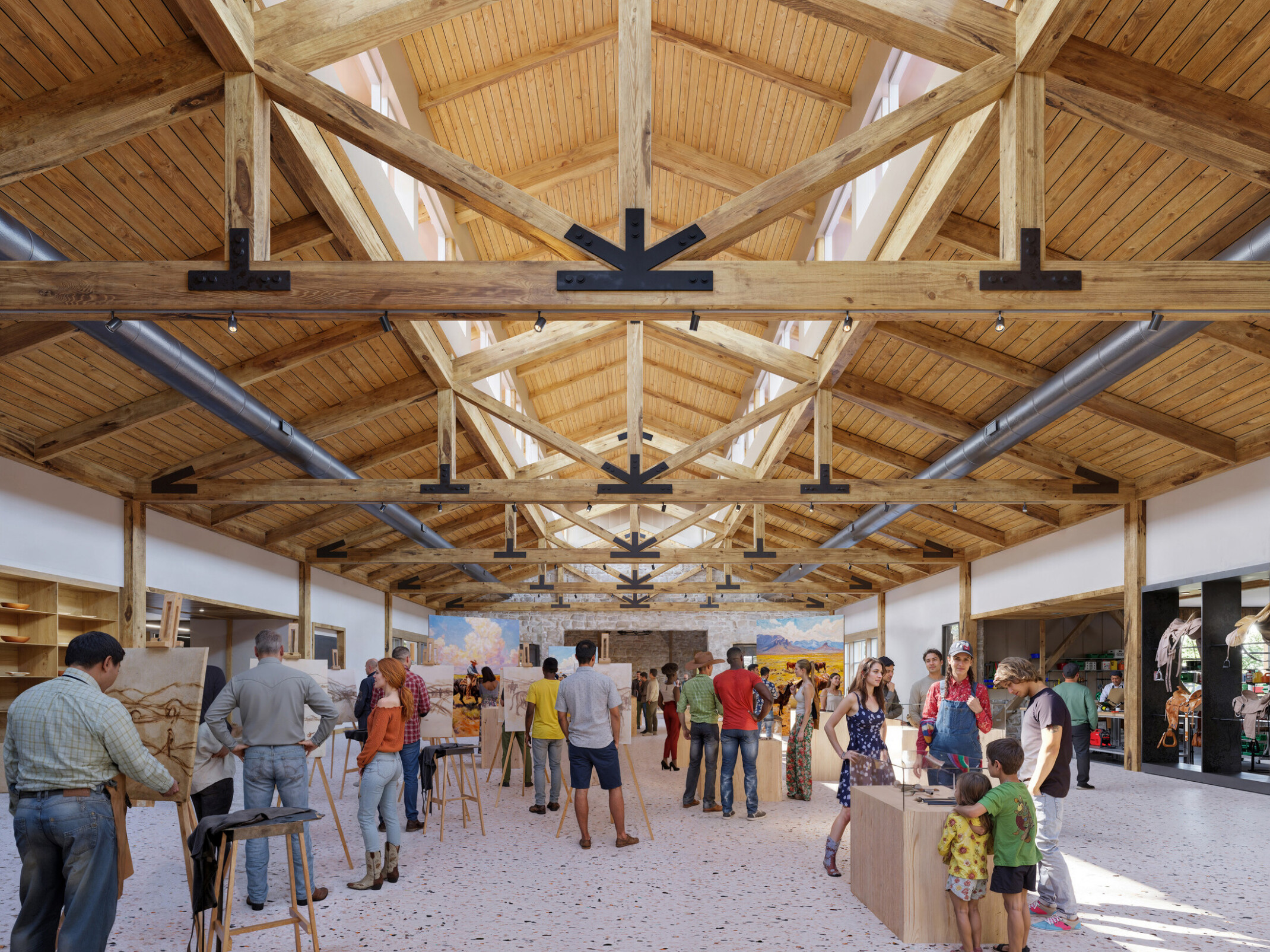 large hallway space with people working at painting stations and craft tables; mass timber roofing and beam elements