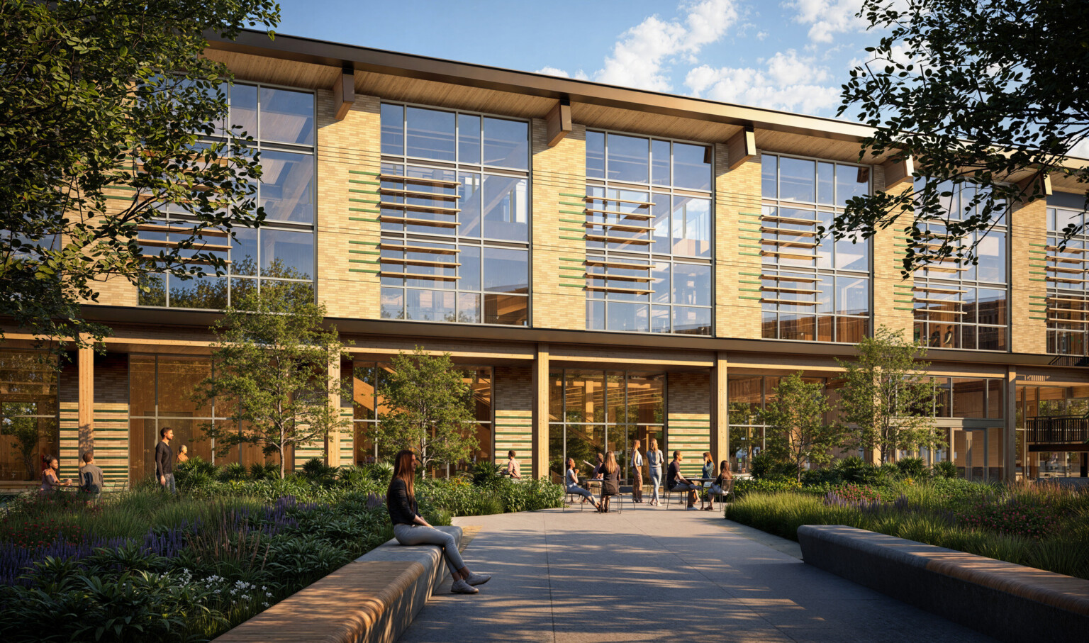 architectural rendering front entrance; Texas A&M University Aplin Center; double height buildling with floor to ceiling windows; greenspace outside the entrance