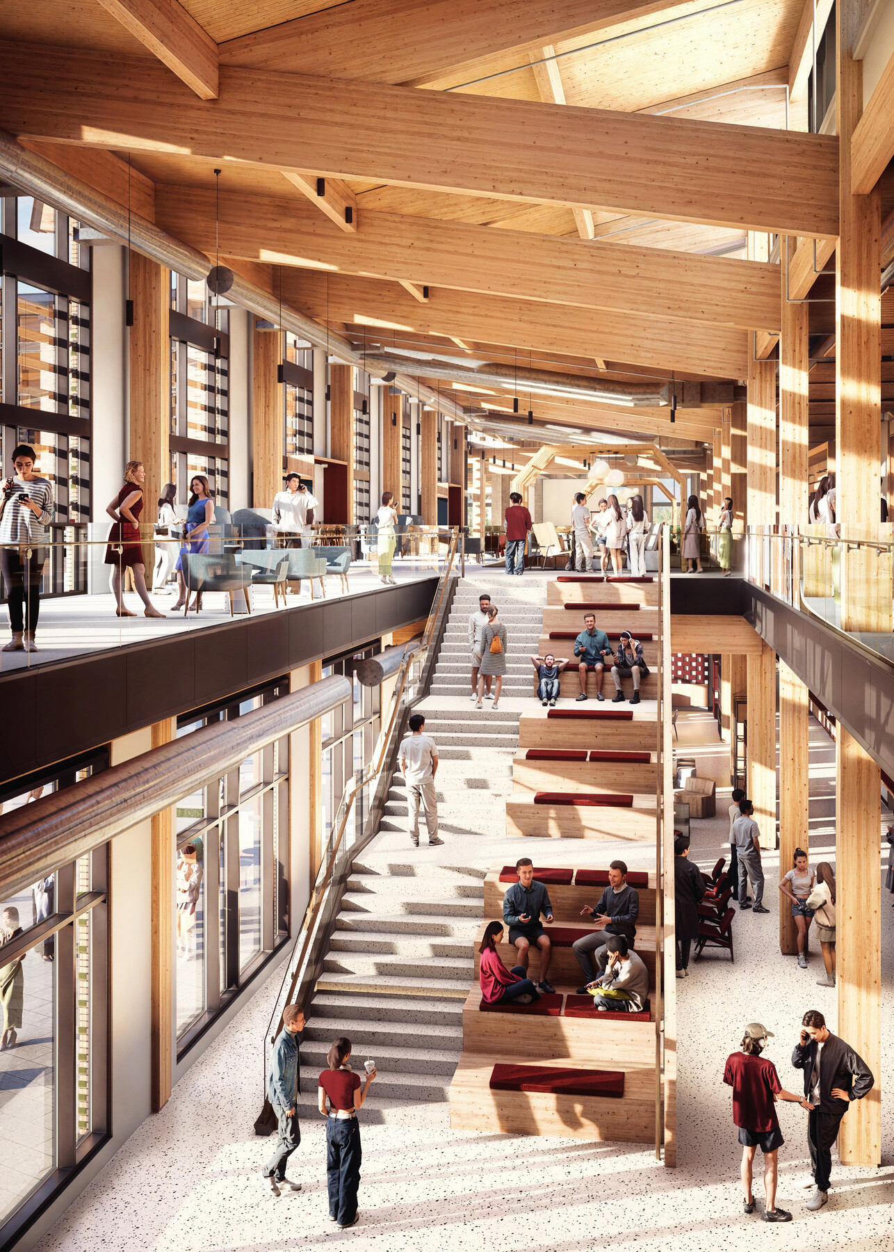 architectural rendering of Texas A&M University Aplin Center main floor staircase; students sitting and chatting on both floors of the space