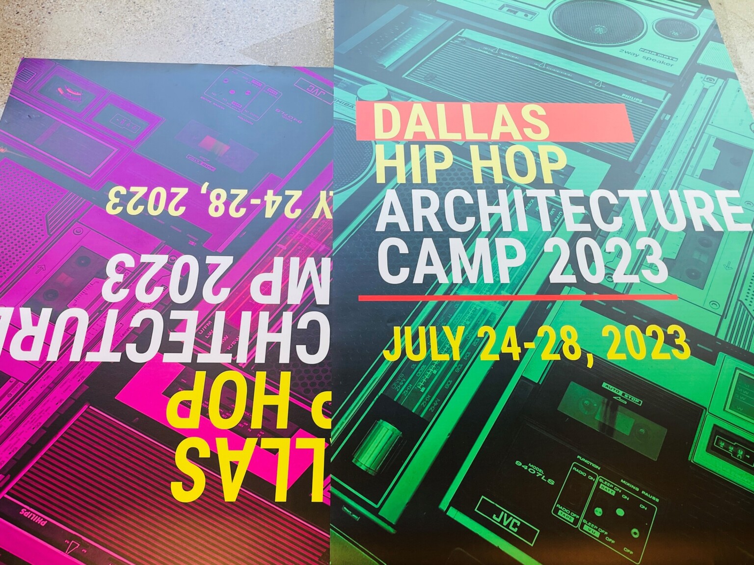 Flyers for Hip Hop Architecture Camp in Dallas with bold vibrant graphics