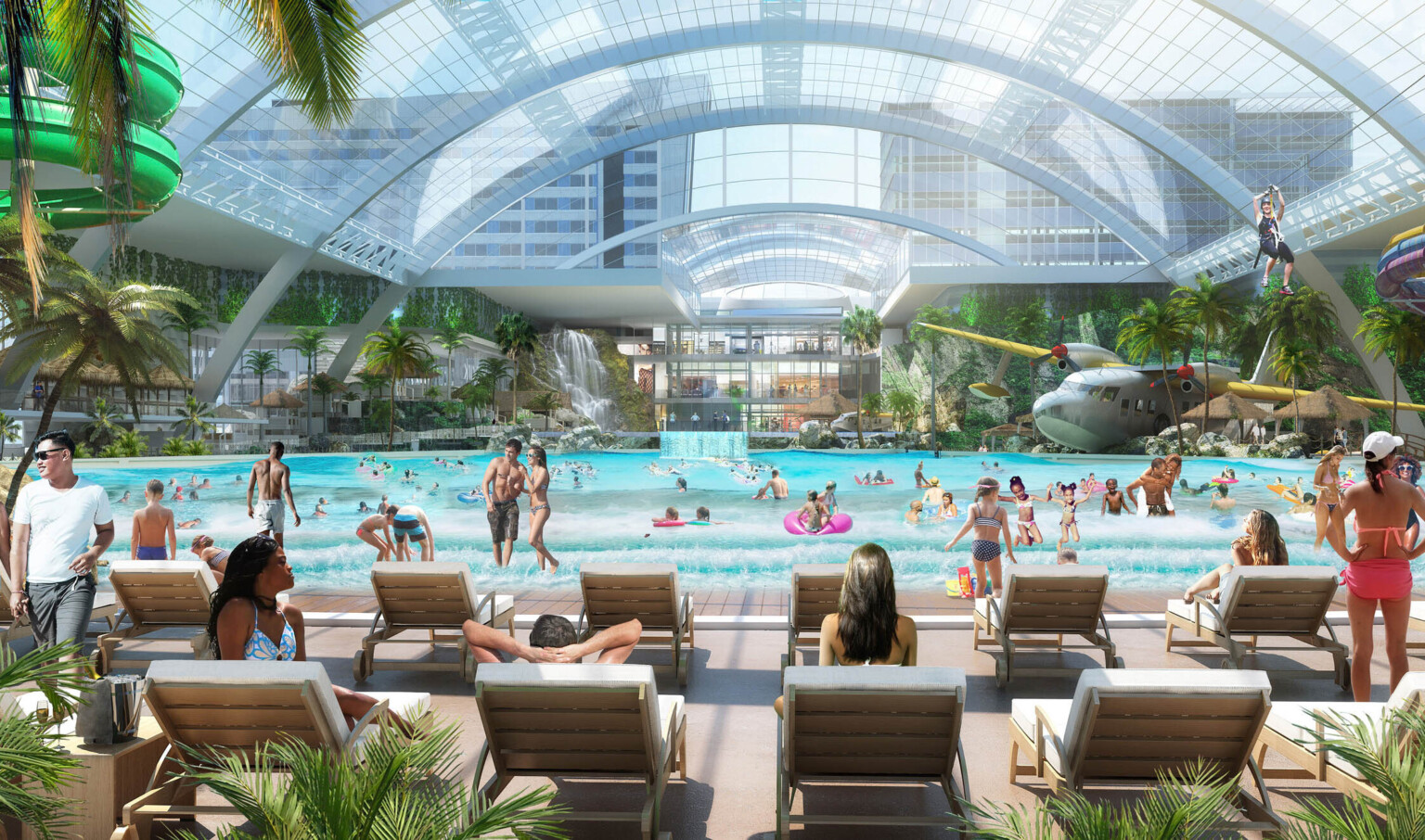 Rendering of waterpark interior. Lounge chairs sit in front of pool surrounded by plants with zipline and skylight overhead Rendering of waterpark interior. Lounge chairs sit in front of pool surrounded by plants with zipline and skylight overhead