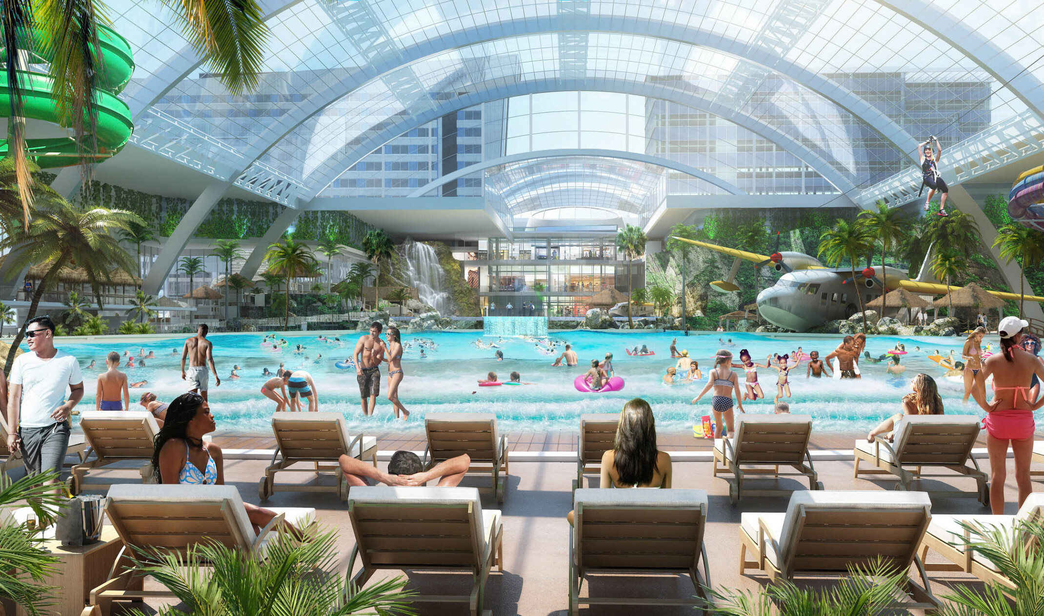 Rendering of waterpark interior. Lounge chairs sit in front of pool surrounded by plants with zipline and skylight overhead
