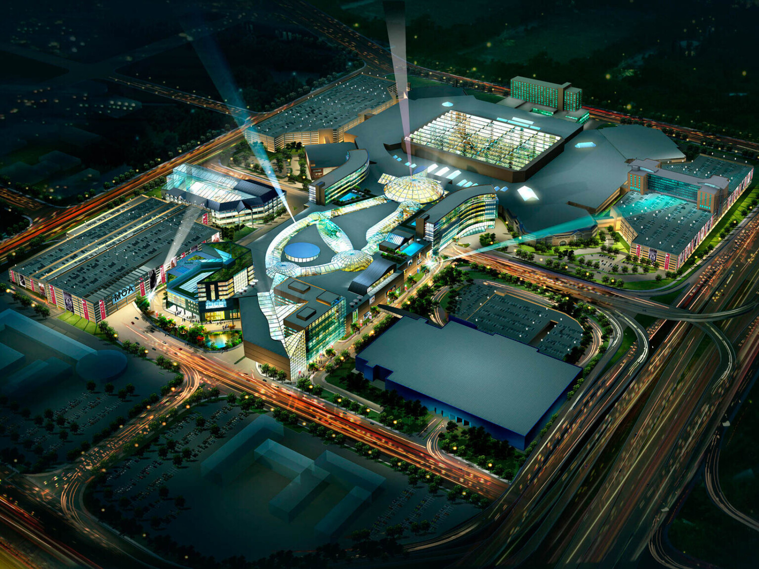 Rendering of the Mall of America at nighttime with spotlights and buildings with bright lights