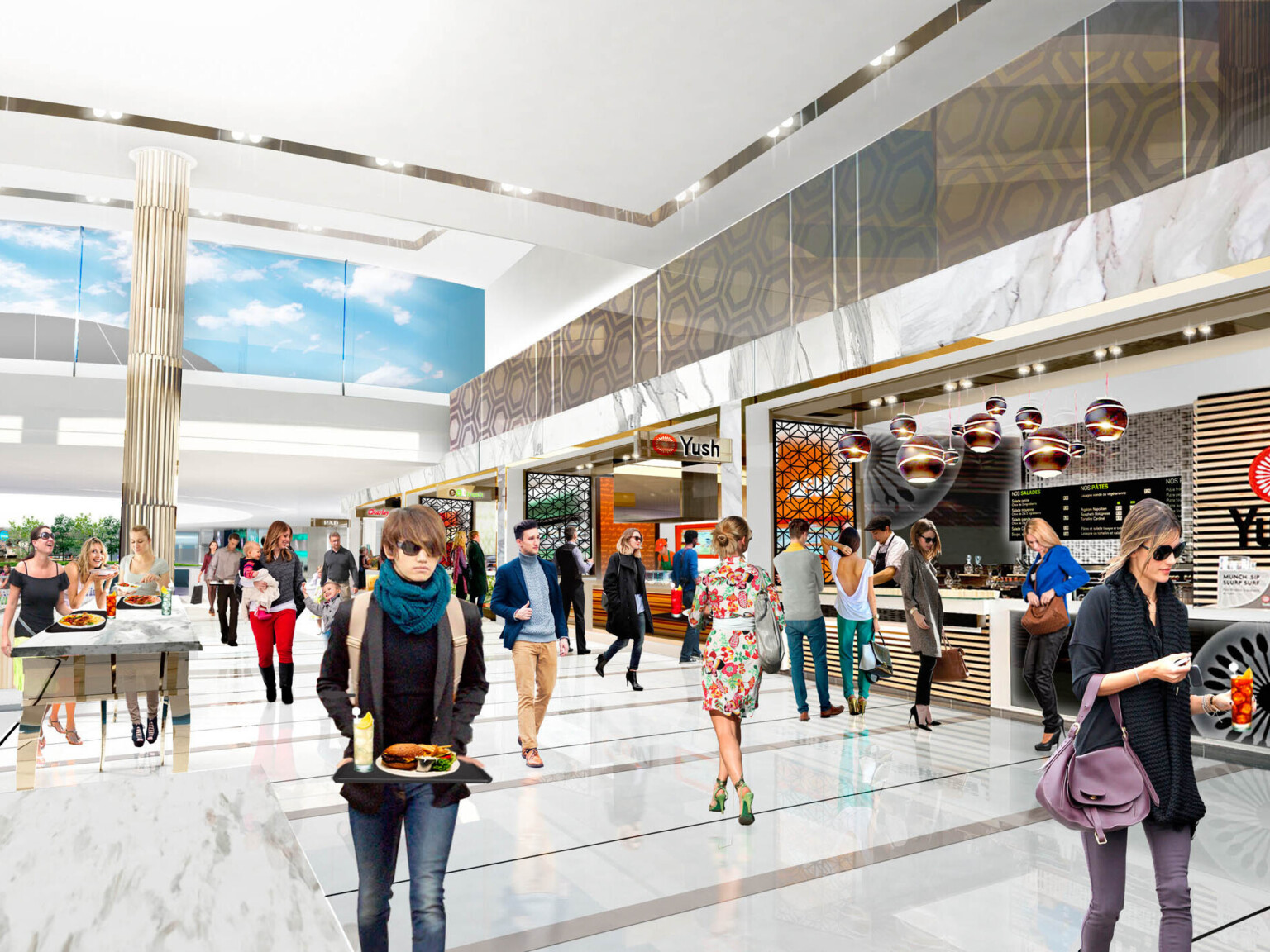 Rendering of people walking in a mall atrium