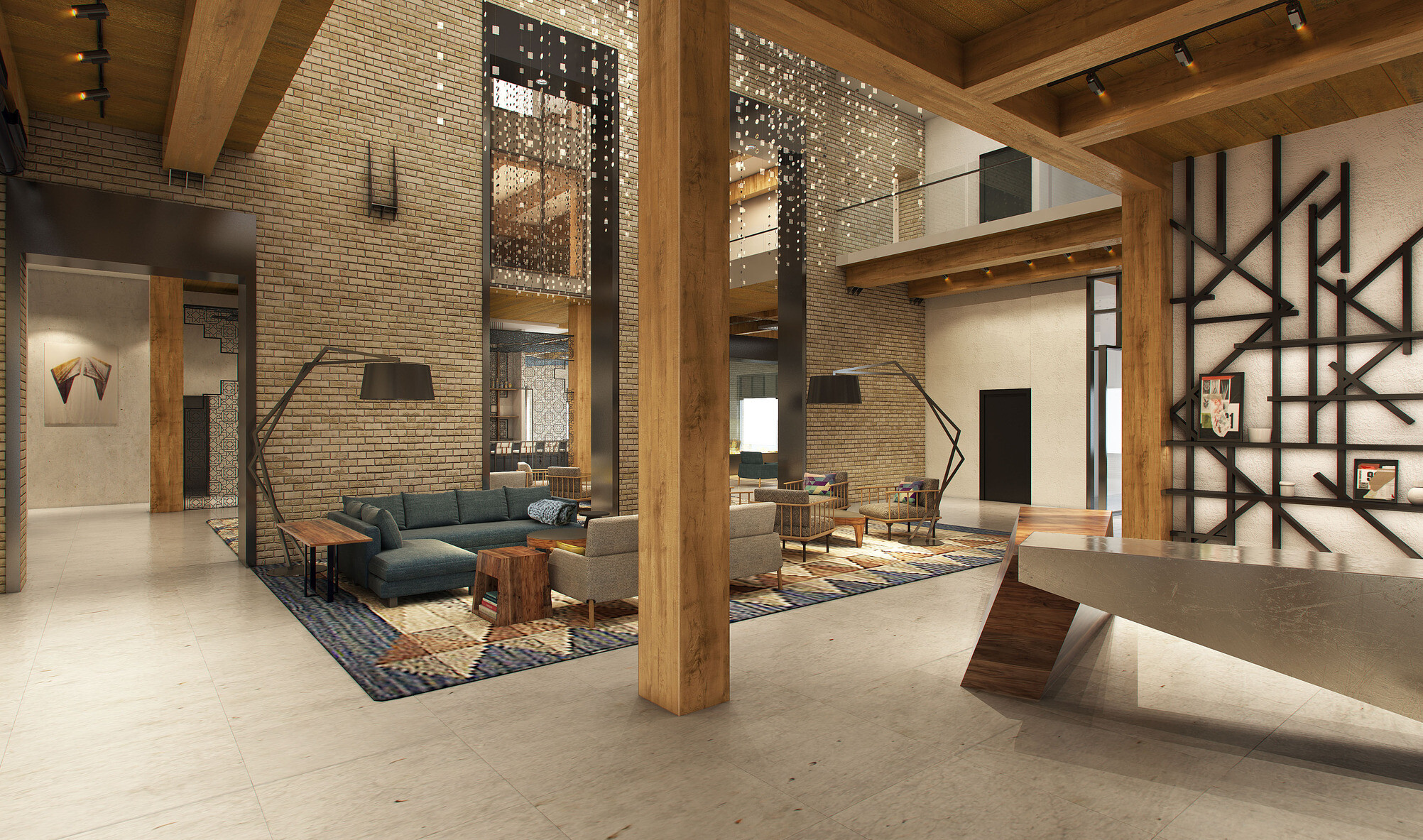 Atrium seating area in lobby of Hilton Canopy Minneapolis Mills District with stone walls and exposed wood beams, hanging art