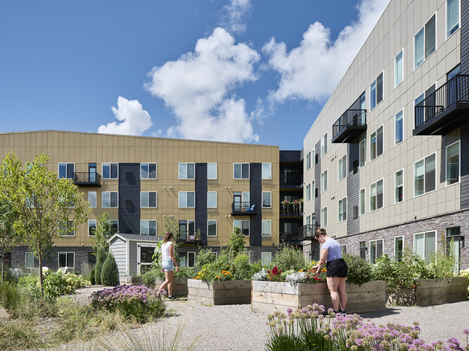 modern apartment building courtyard/community garden with greenery and built-in gardening plots