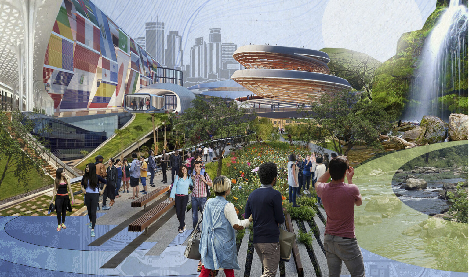 Abstracted artistic collage rendering of children and visitors at the Expo 2027 with architecture