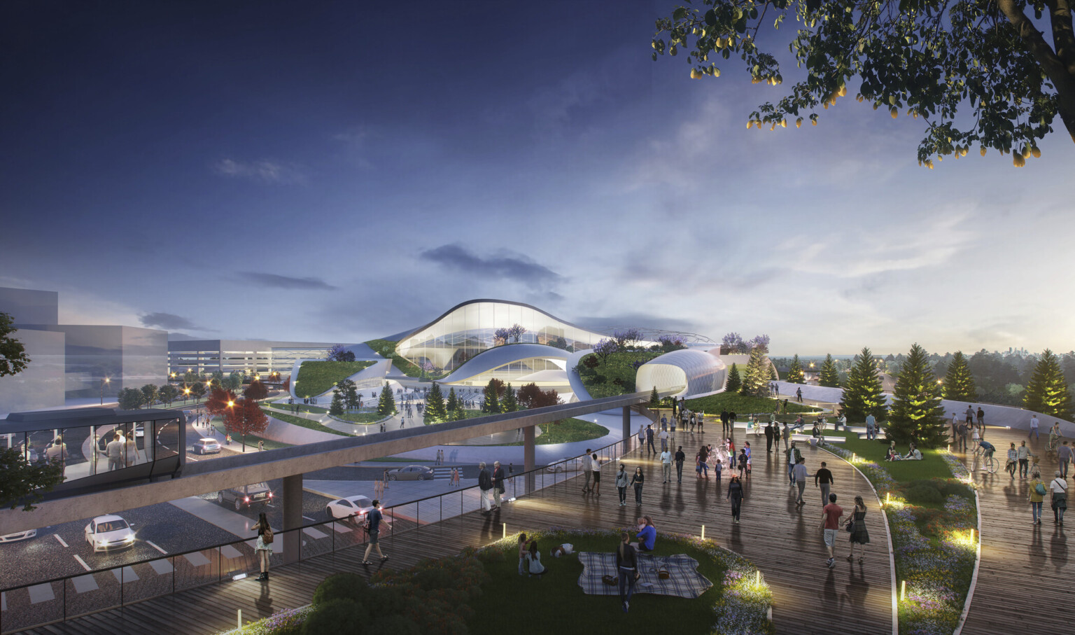 White building with rounded flowing walls and multiple stories in green space with lots of trees and Expo 2027 sign