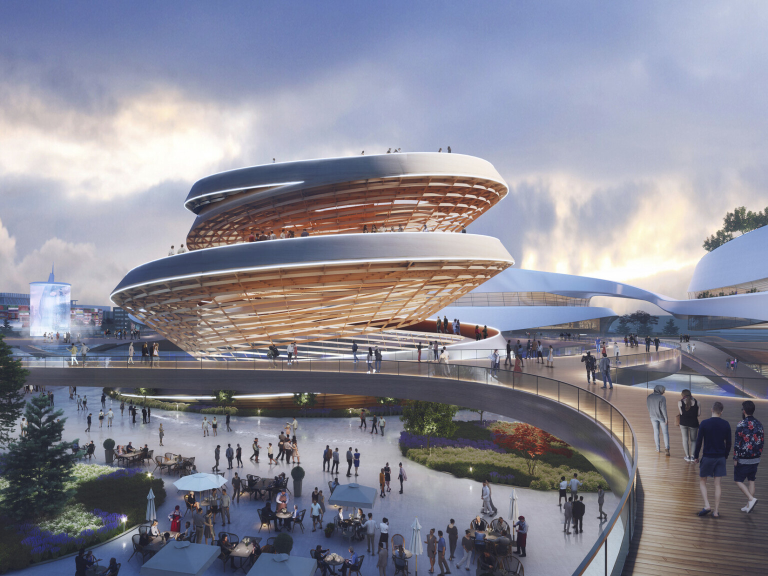 Rounded walkway to spiraling building with tan walls and white spiraling walkway to top Rounded walkway to spiraling building with tan walls and white spiraling walkway to top