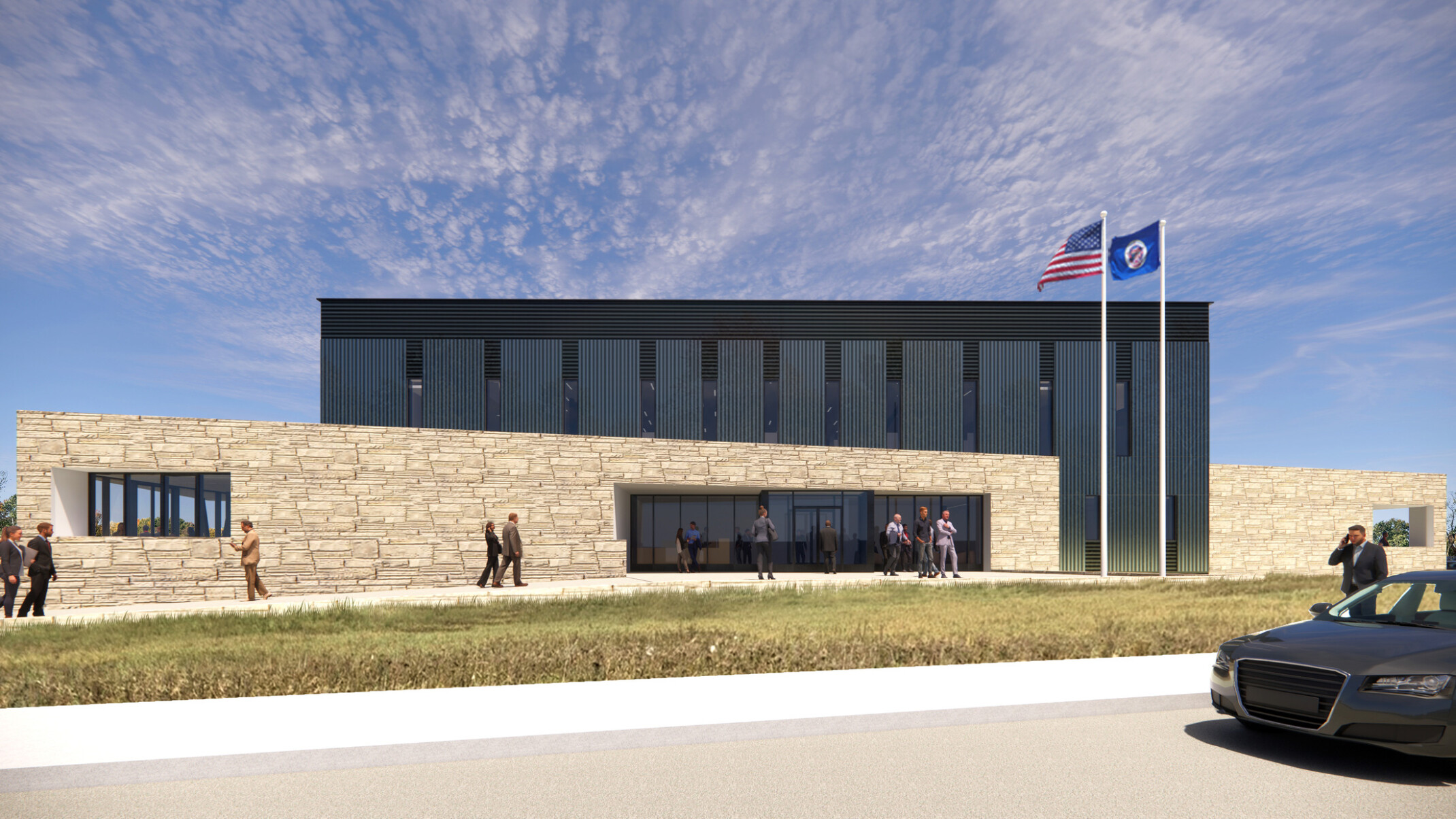 Minnesota State Emergency Operations Center; Architectural rendering of a modern state emergency operations facility with stone and metal facade, American and Minnesota state flags, and people walking near the main entrance under a blue sky.