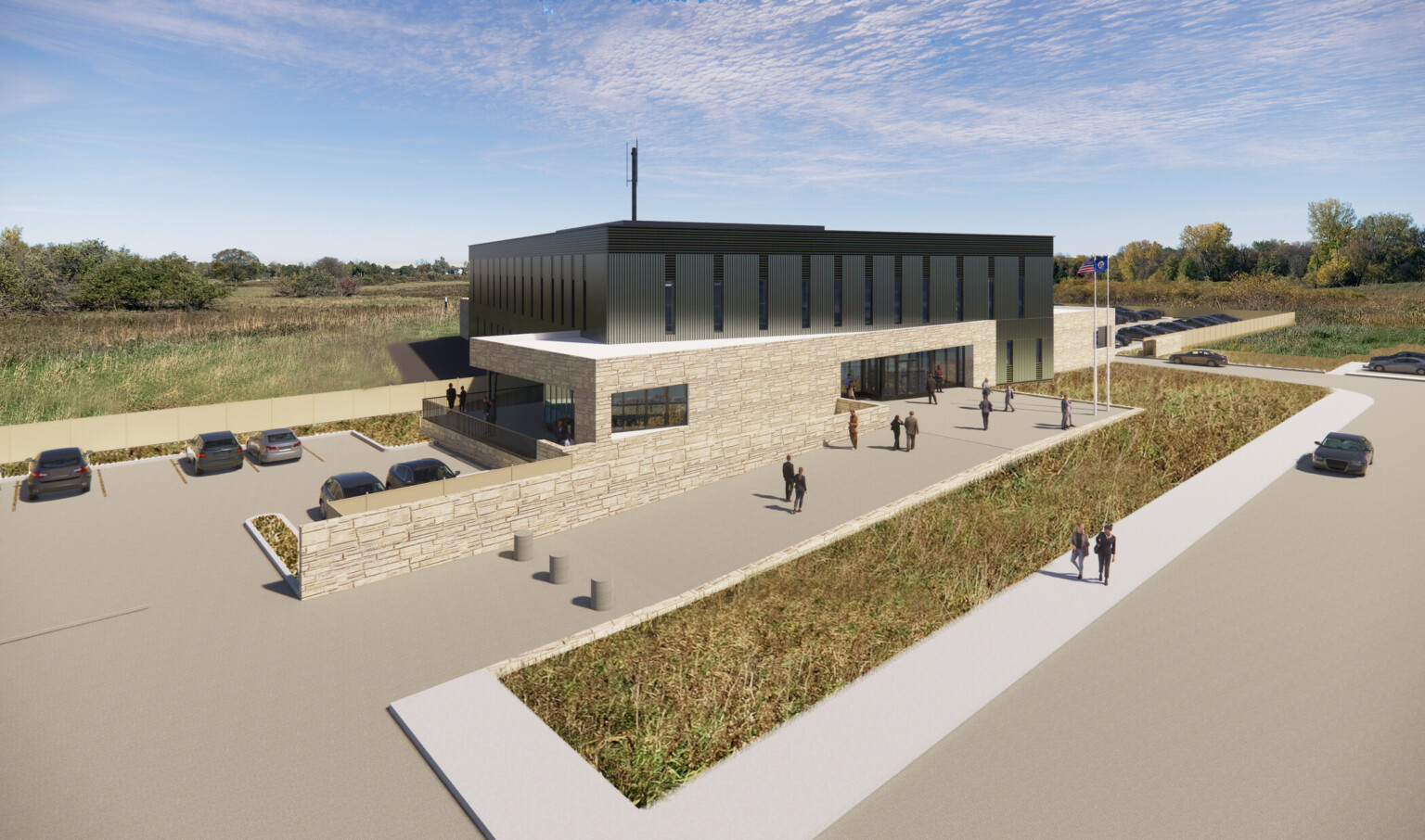 Minnesota State Emergency Operations Center; Architectural rendering of a modern state emergency operations facility with stone and metal facade, American and Minnesota state flags, and people walking near the main entrance under a blue sky.
