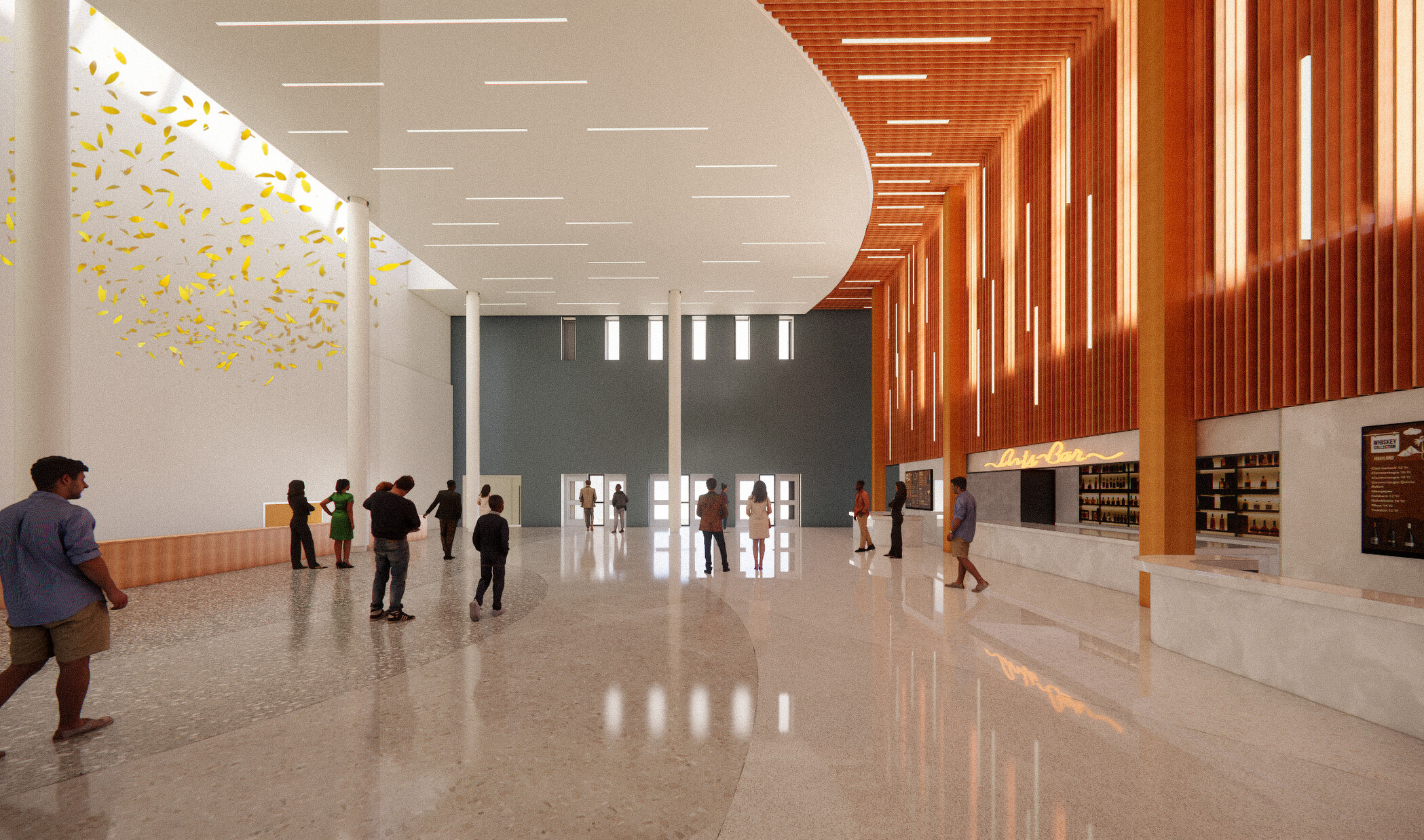 architectural rendering of a theater lobby with expansive ceilings and concessions to the right wall