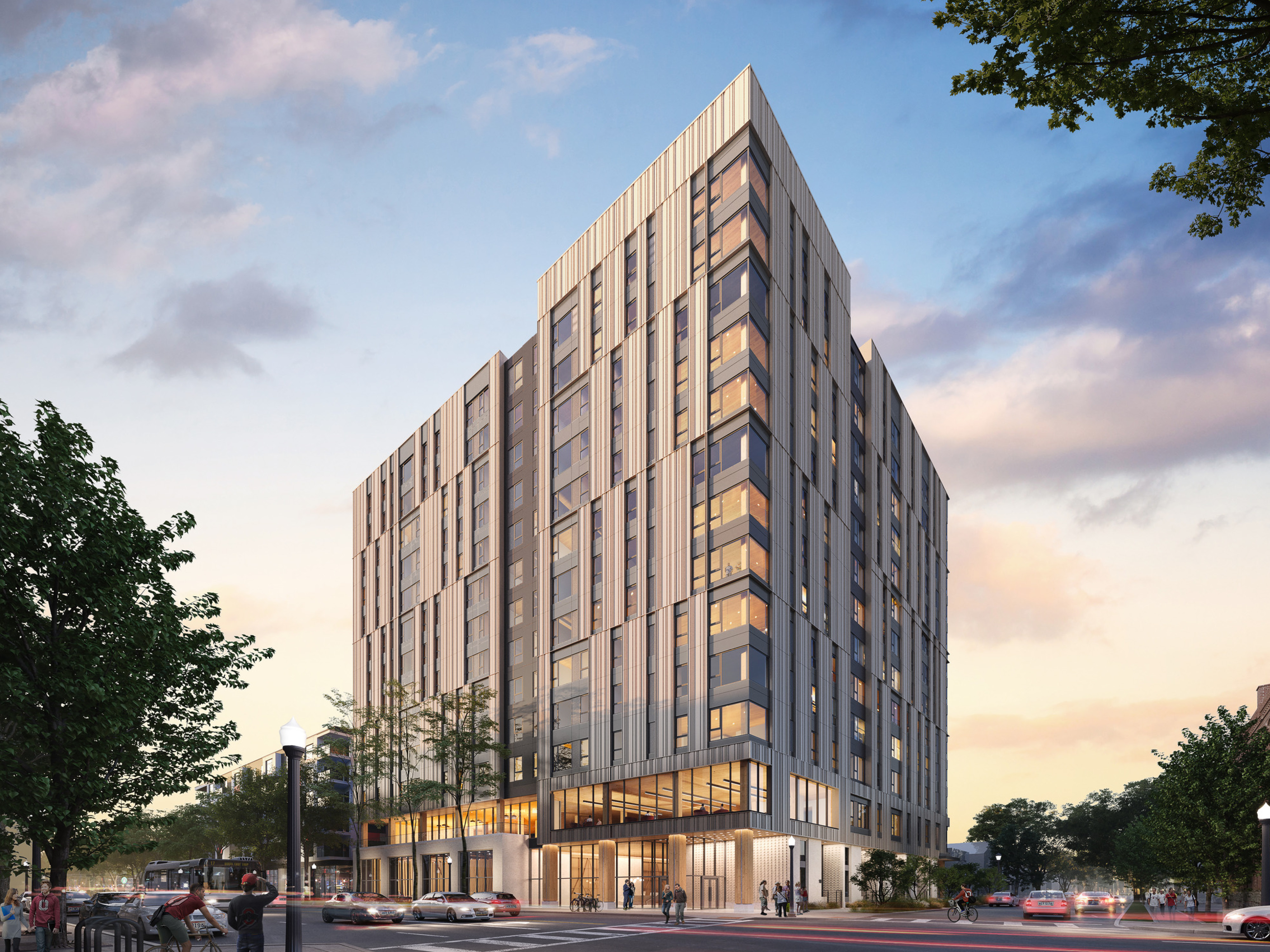 Mass timber rendering of a large tall building with a varied and design facade