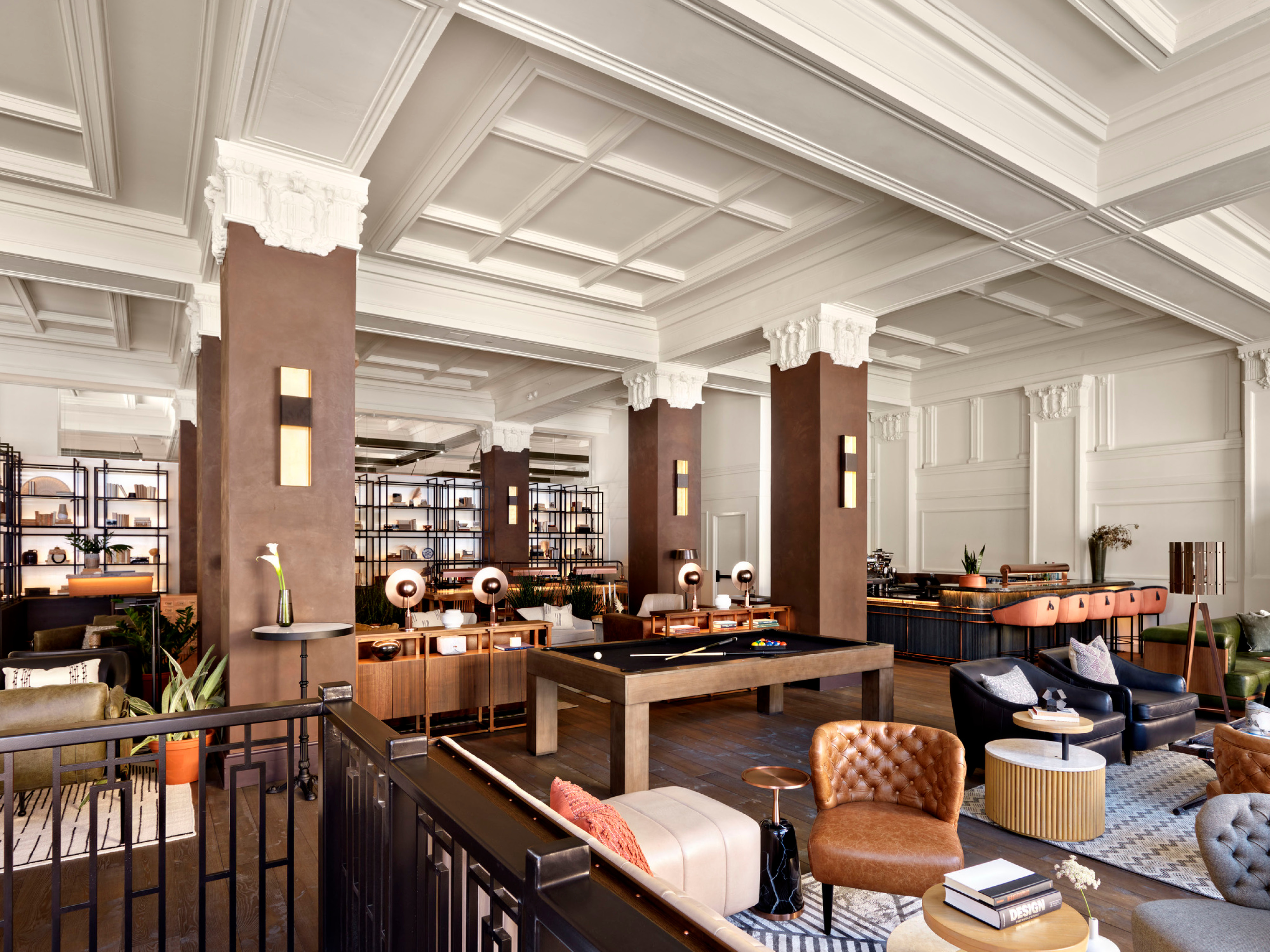 adaptive reuse hotel lobby with elaborate interior decorating