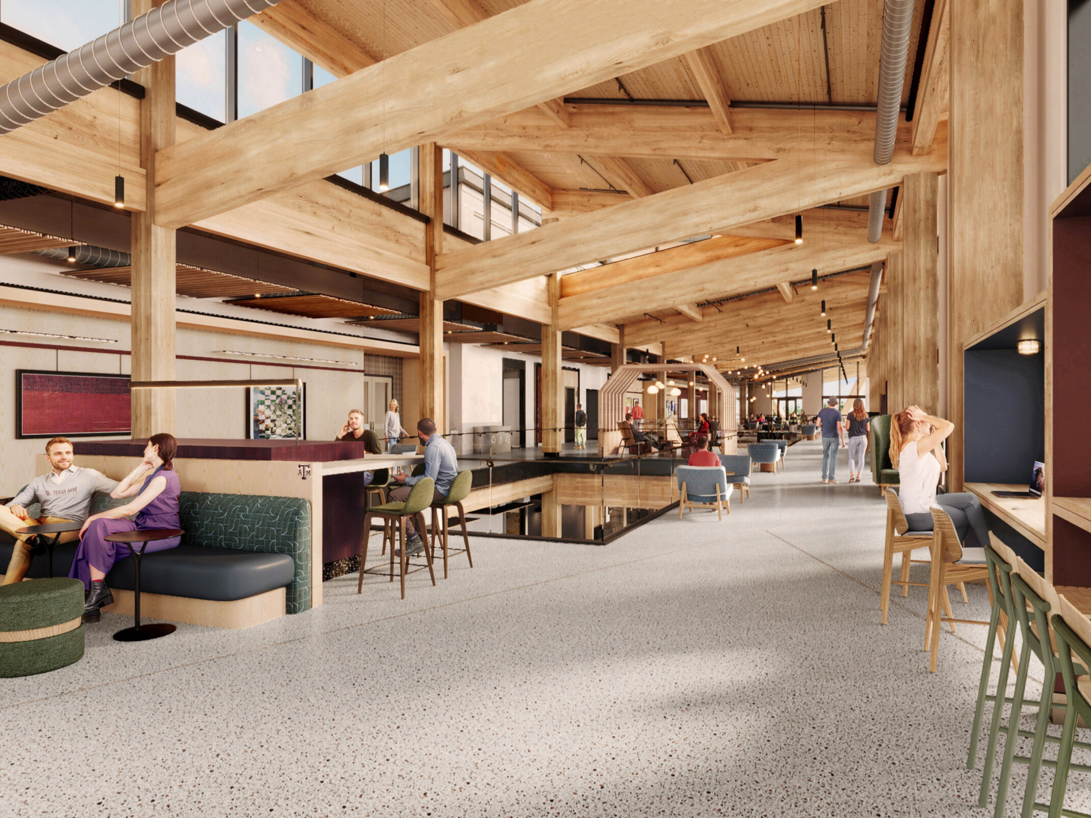rendering of a communal space in a mass timber building; varied and modular furniture with people working and collaborating