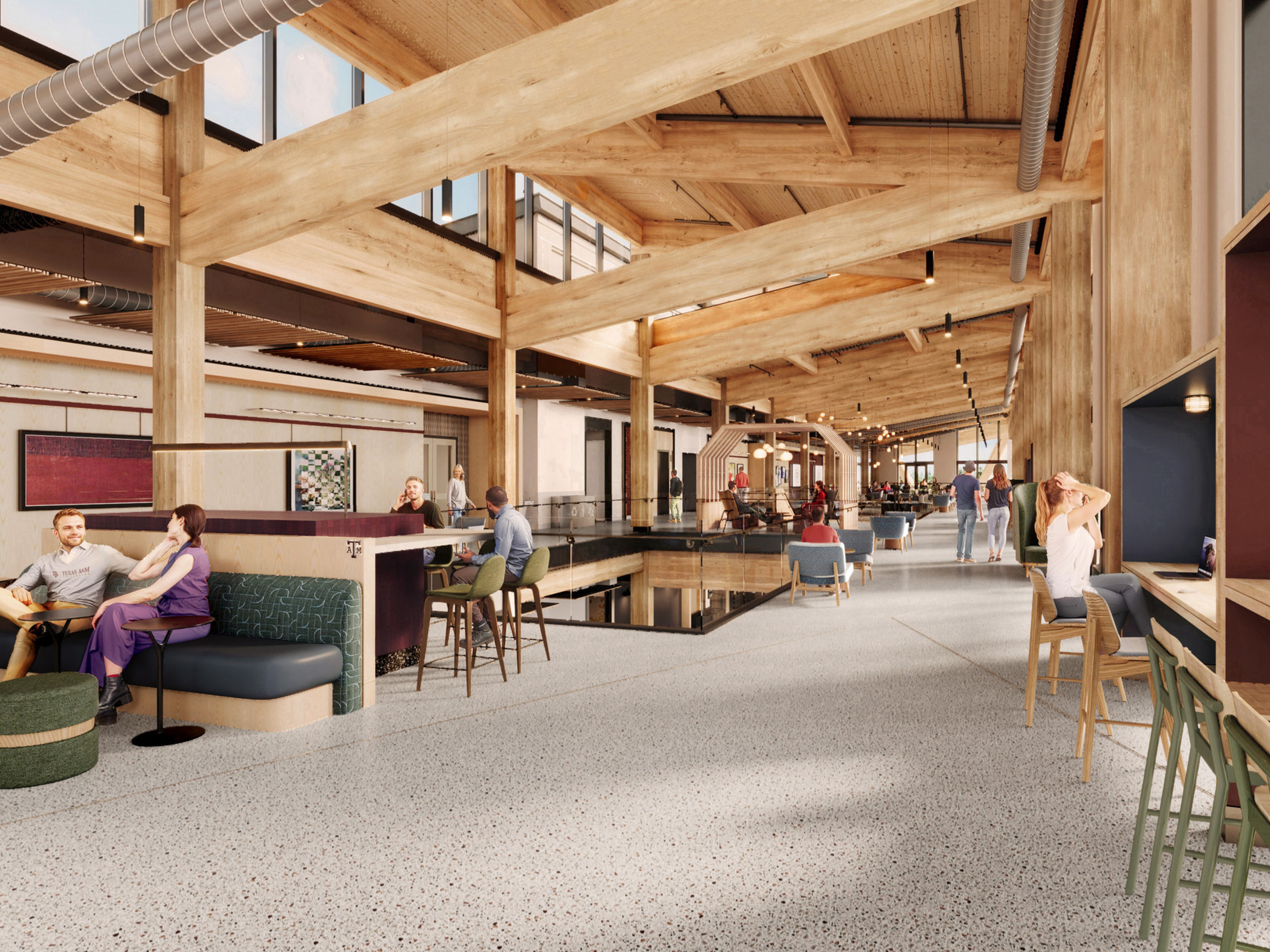 rendering of a communal space in a mass timber building; varied and modular furniture with people working and collaborating