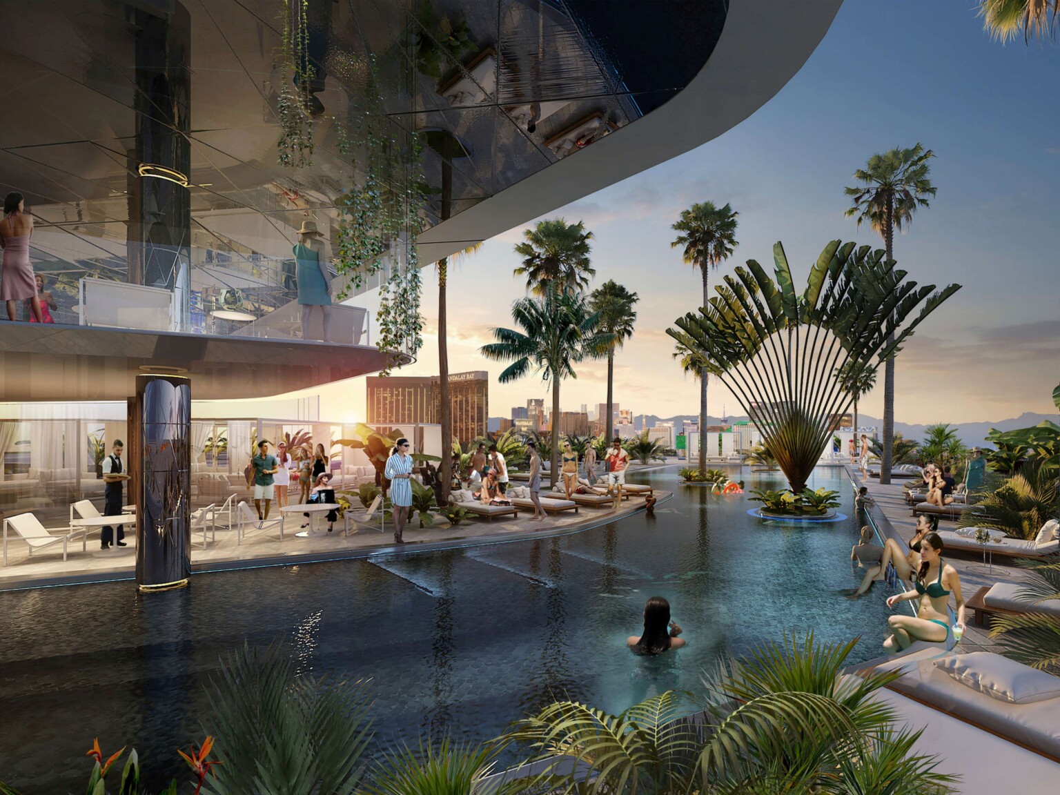 pool and hangout area rendering at a las vegas resort; double floor patio with palm trees surrounding
