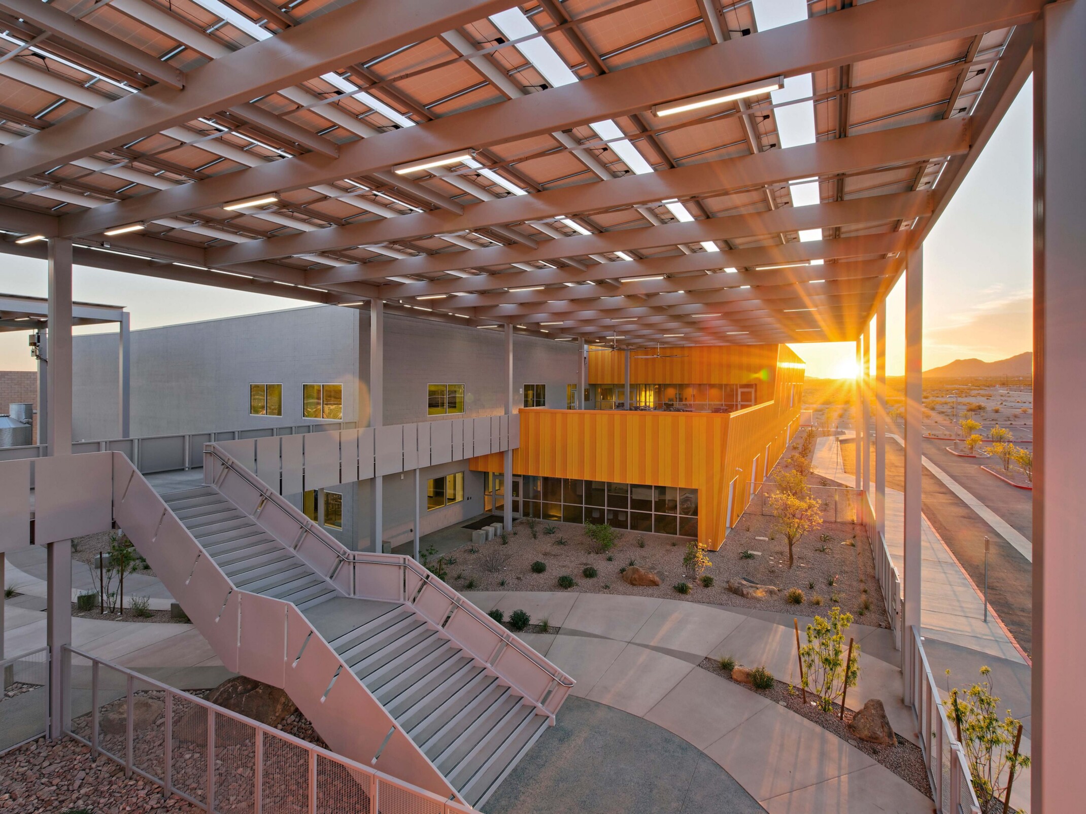 sunset image of a outdoor campus multi-level walkway