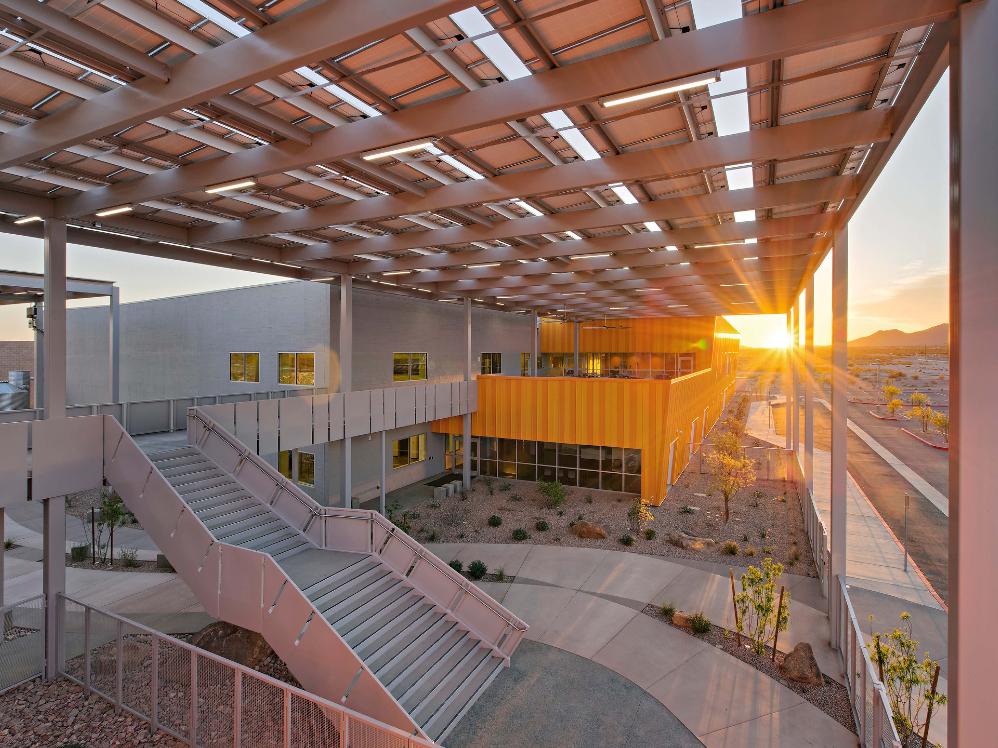 sunset image of a outdoor campus multi-level walkway