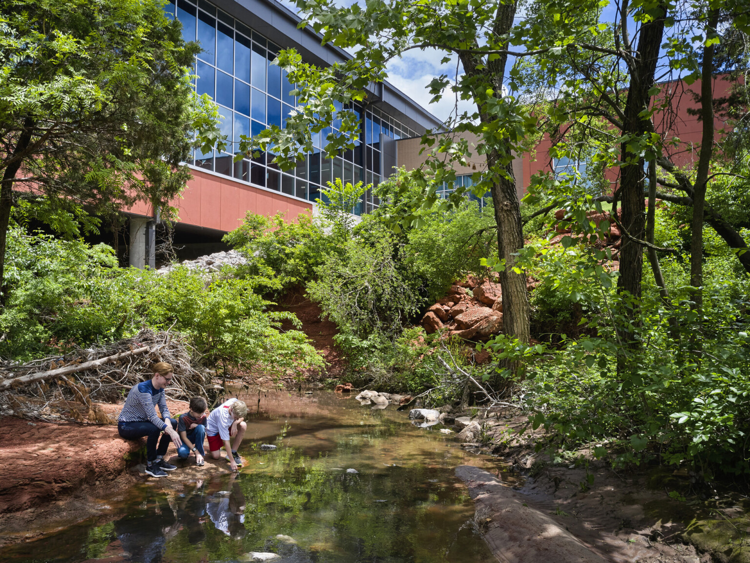 Small creek surrounded by wooded area beside the windowed hallway