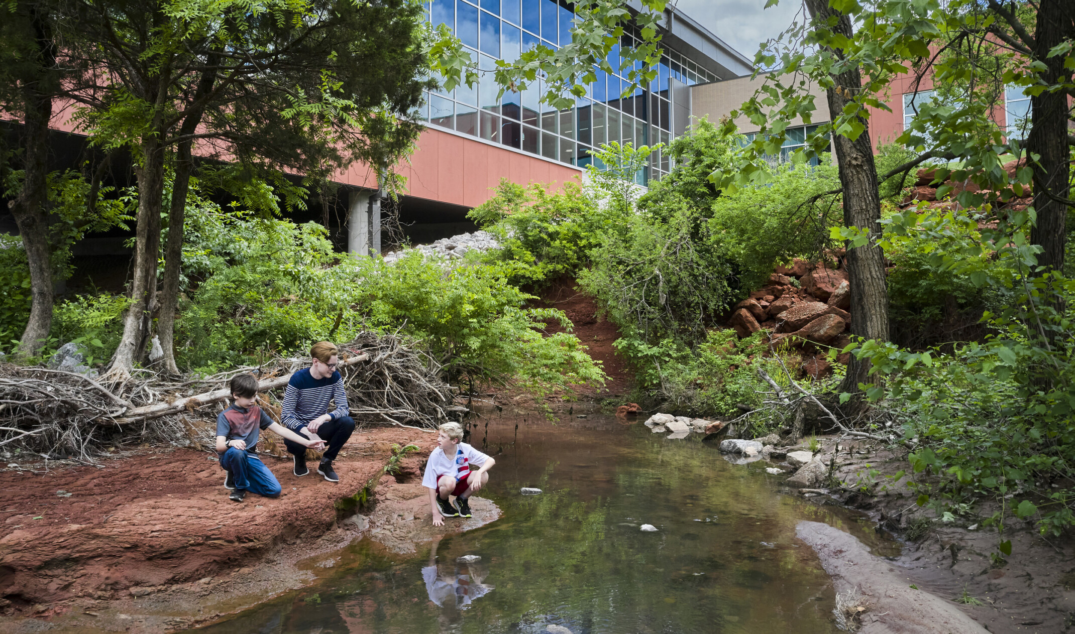 Small creek surrounded by wooded area beside the windowed hallway