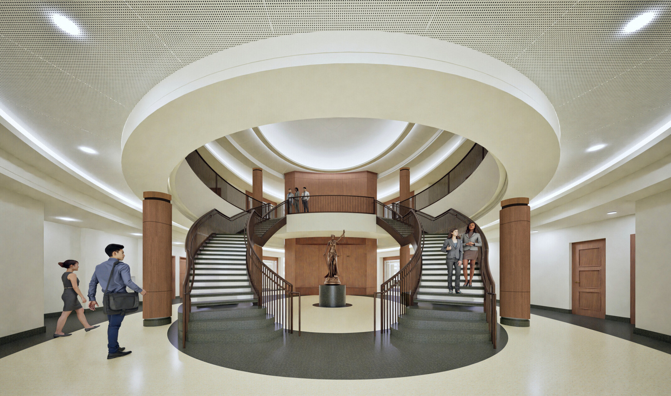 Architectural rendering of Canadian county courthouse; interior central, circular staircase with walkways all along and around