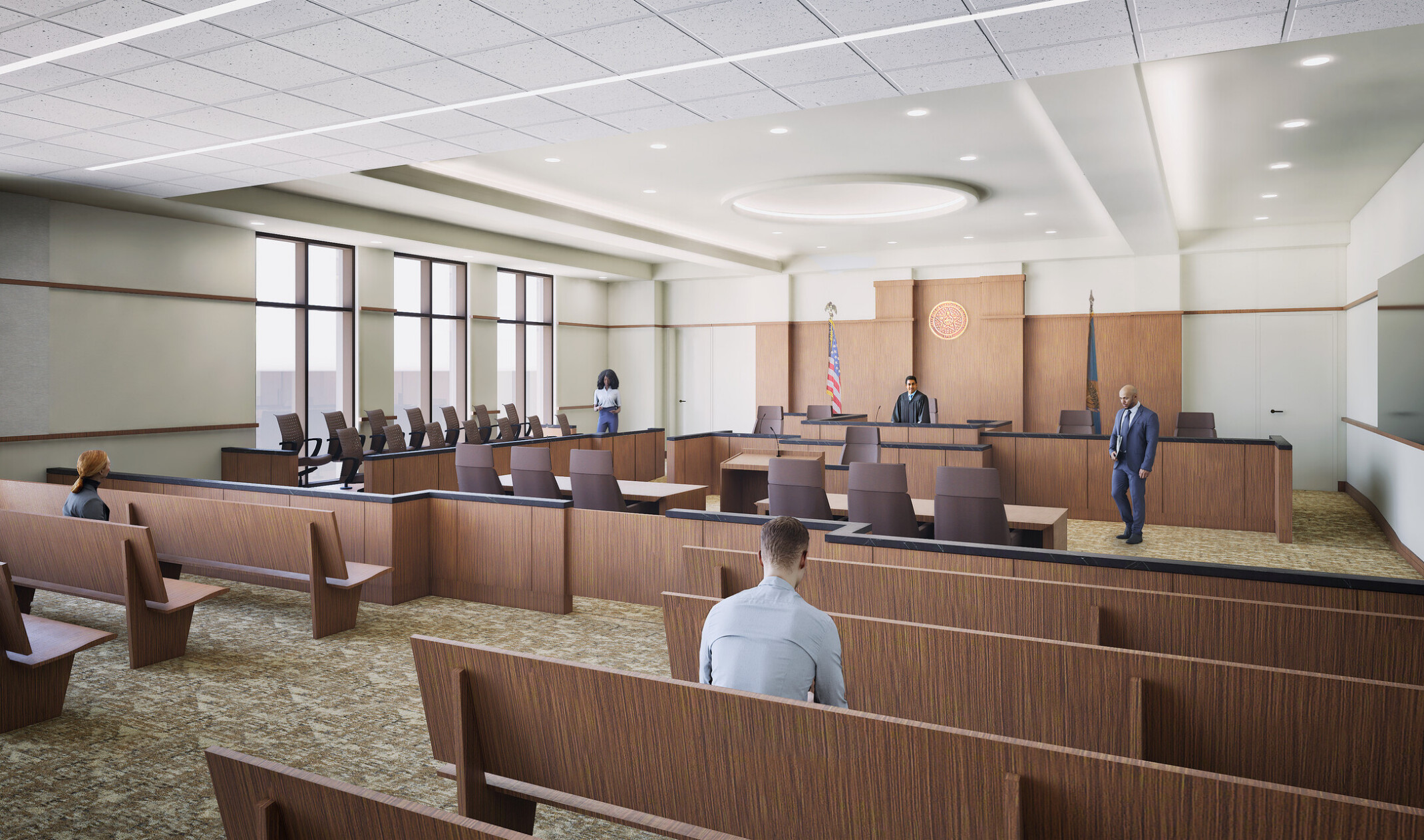 Architectural rendering of Canadian county courthouse; interior courtroom facing judge bench with medium-light wood finishes and seating