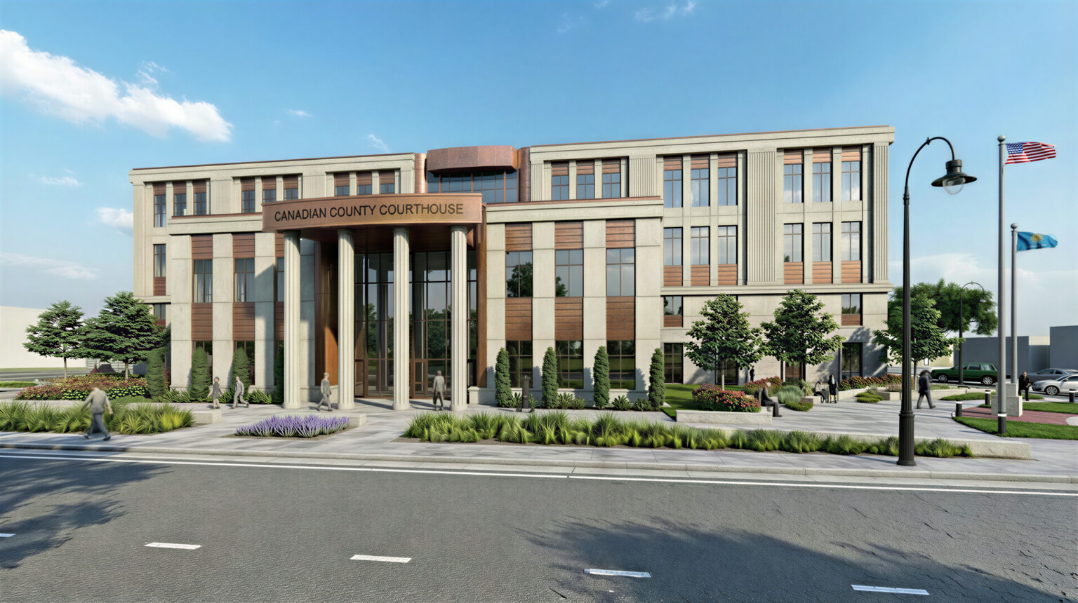 Architectural rendering of canadian county courthouse; modern building with lots of vertical columns and windows